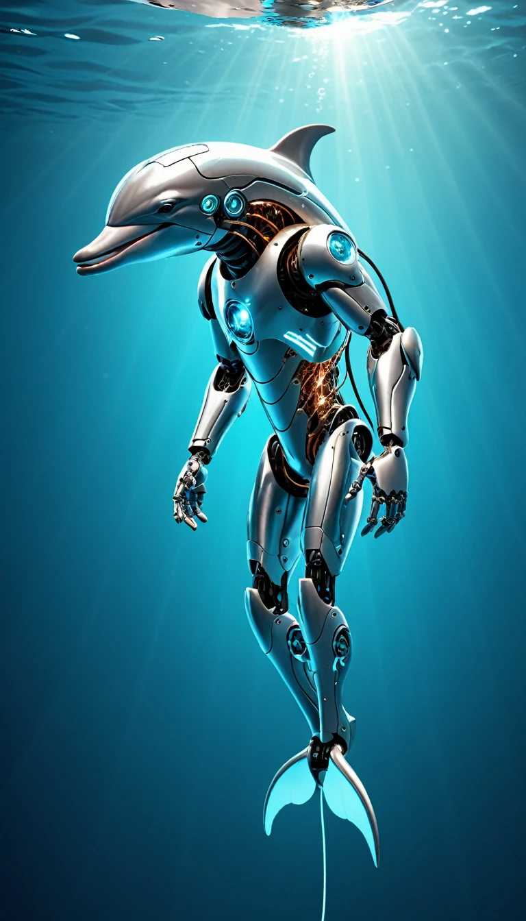 Swimming in the ocean、Dolphin in its purest form、Translucent movie stills (Dolphin as a cybernetic robot:1.5), (Glowing Veins:1.3) (The cable enters the body, circuit:1.3), Very detailed, Vignette, Very detailed, High budget, Bokeh, Sulky, amazing, nice, Film Grain, granular
