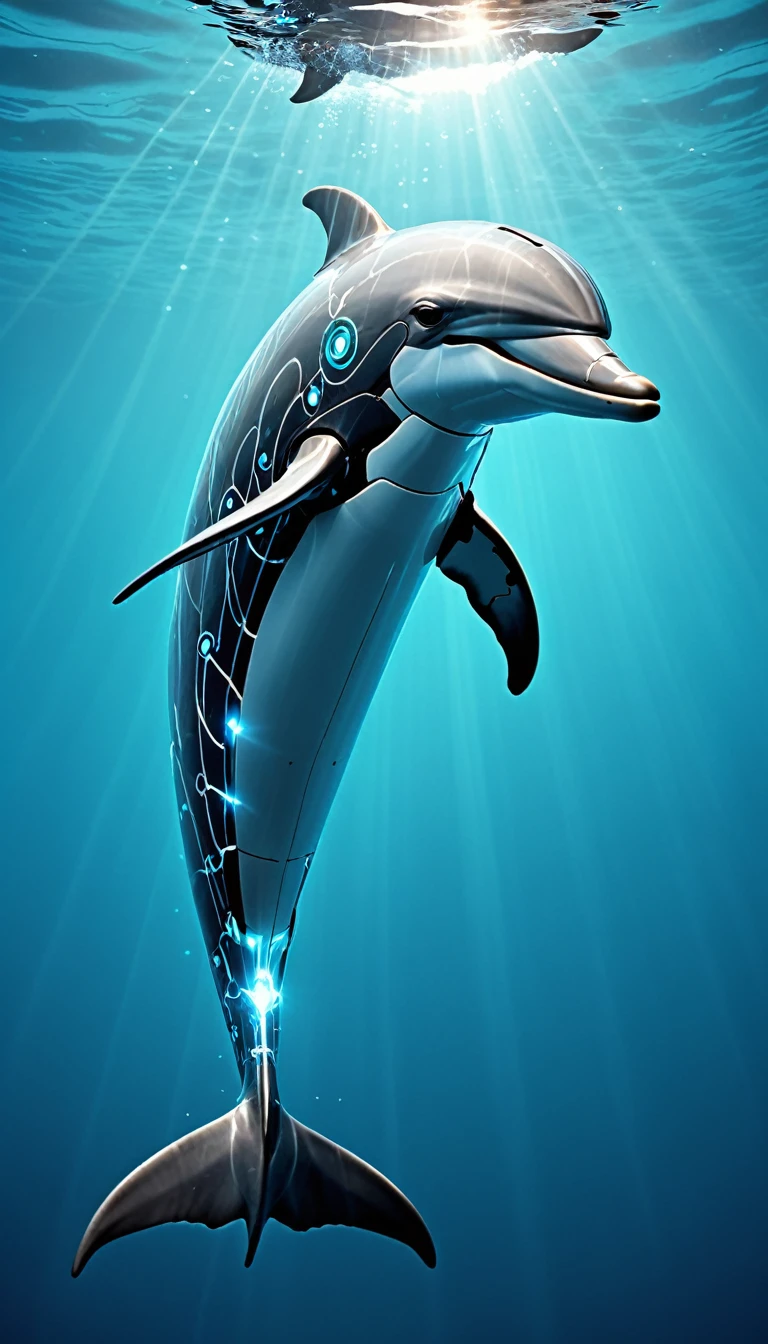 Swimming in the ocean、Dolphin in its purest form、Translucent movie stills (Dolphin as a cybernetic robot:1.5), (Glowing Veins:1.3) (The cable enters the body, circuit:1.3), Very detailed, Vignette, Very detailed, High budget, Bokeh, Sulky, amazing, nice, Film Grain, granular