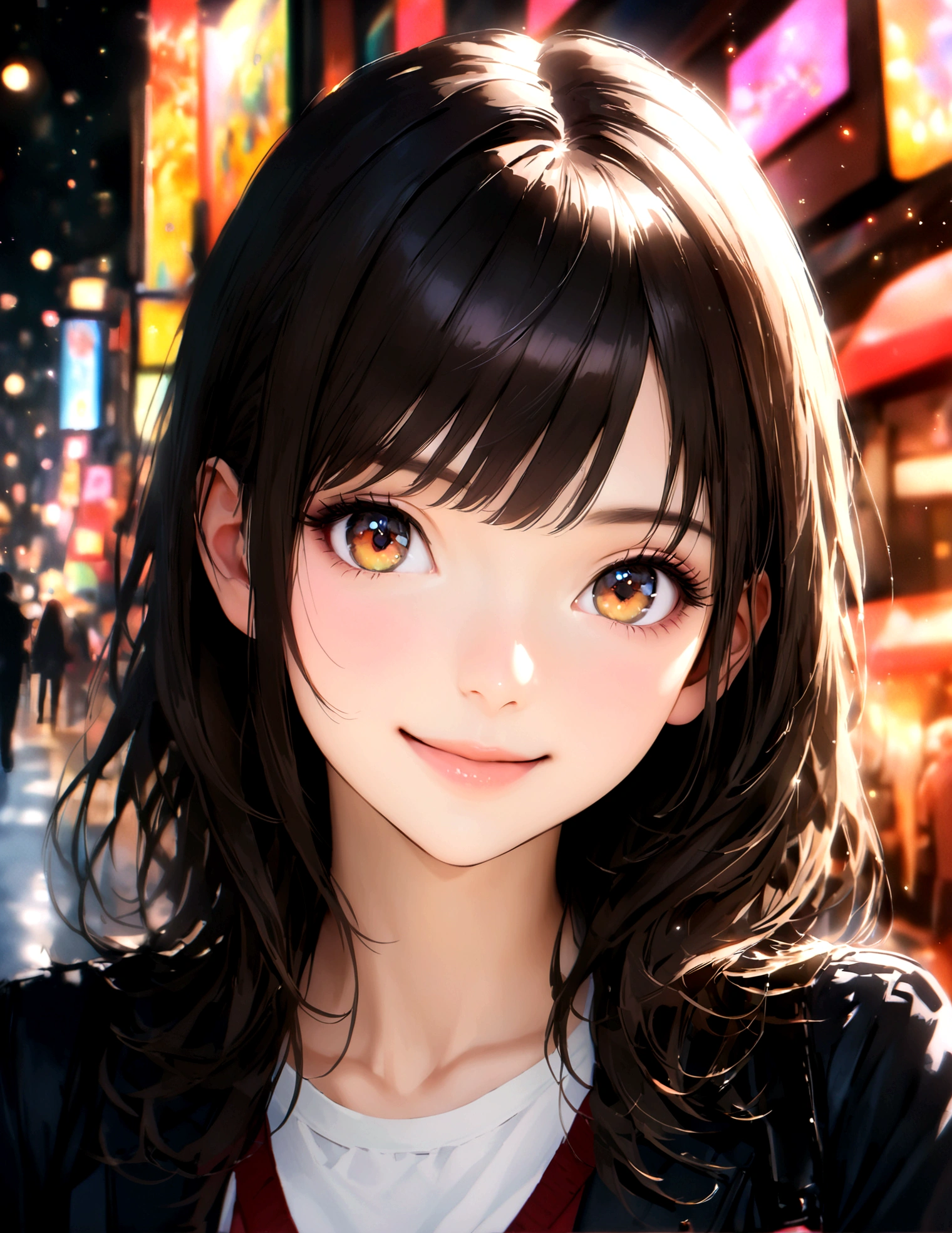 Shinjuku, Cute casual clothes,On a date,Blur the background,high school girl,Shortcuts,smile,Glitter effect,Highest quality, 4K, 8K, High resolution, masterpiece:1.2, Very detailed, Realistic:1.37, High resolution, 超High resolution, Ultra-fine painting, Sharp focus, Physically Based Rendering, Very detailedな説明, Professional, Vibrant colors