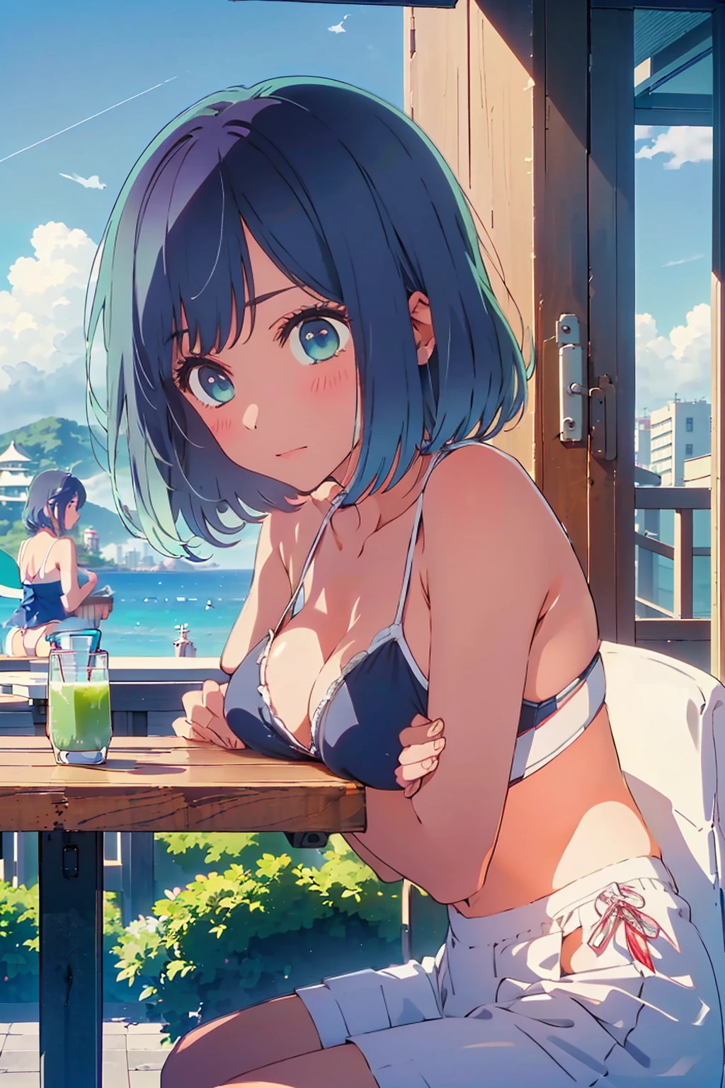 (Highest quality:1.4、8K:1.4、detailed)、F cup bust、、Slim body、Very white beautiful skin、((((1 person、Surprised expression、sit、Chair、In the background are the urban buildings of Tokyo、looking at the camera、Outdoor café terrace、coastal、Navy hair color、juice、White side string high leg bikini、Shooting up close、Shooting from an angle、table、Very cute face))))、(Cross your arms:1.4)、Very blue sky、A completely cloudless sky