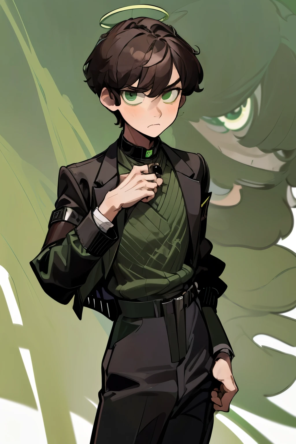 ((masterpiece, best quality)), (1boy), (solo), (male focus) (adult man), (brown hair), green eyes, short messy hair, split ends, bangs, neutral expression, annoyance, mischievous expression ((dark green sweater, black jacket), (open jacket), ((black pants)) (double harness in the chest and hip area), standing, white background
