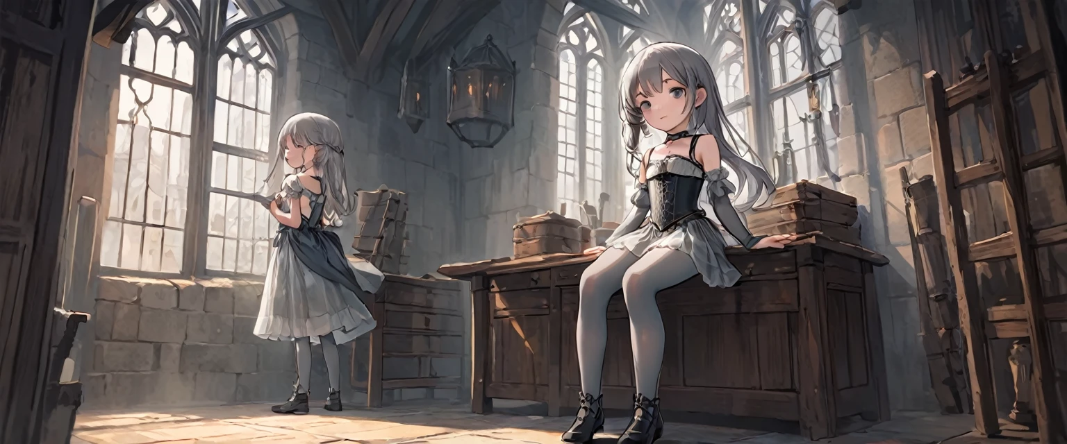 8 year old medieval girl, underwear姿、Translucent knee-length drawers(underwear)Wearing、Wearing a semi-transparent corset、Translucent slip, Grey translucent tights