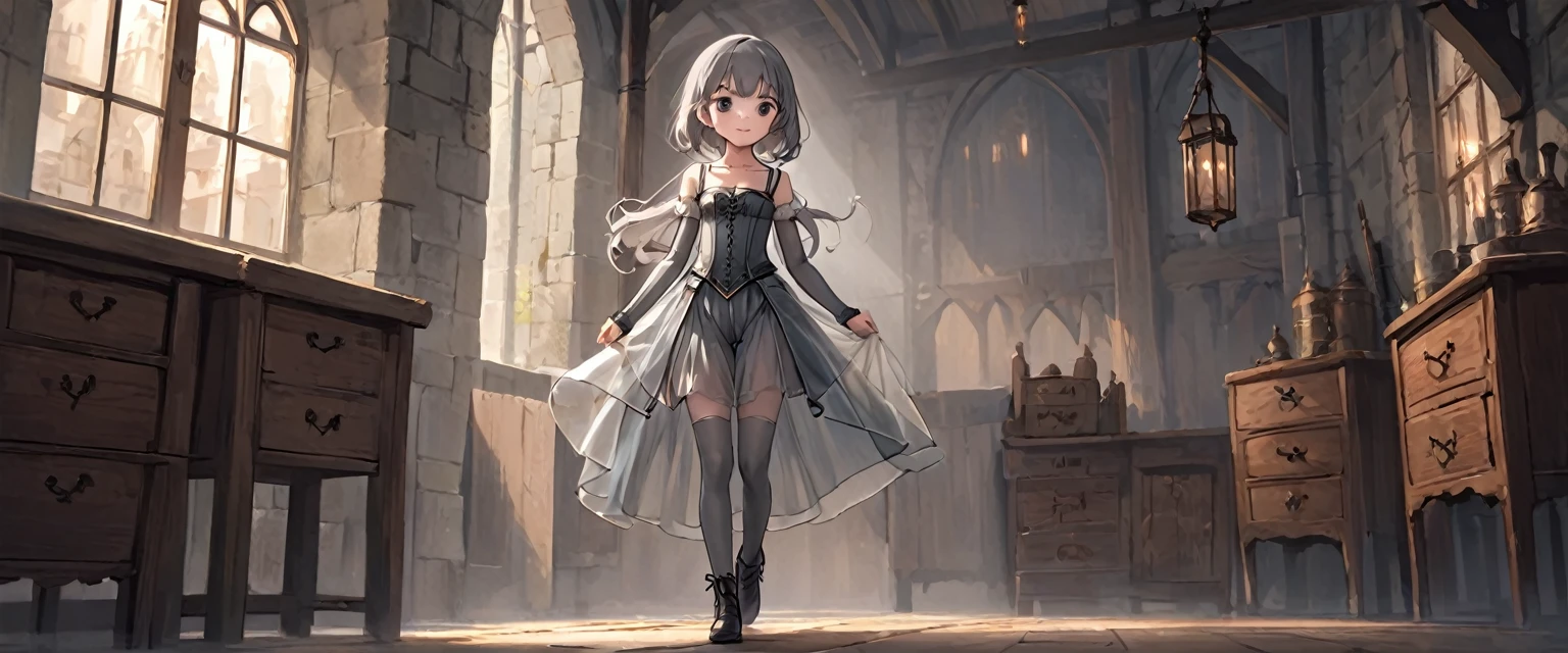 8 year old medieval girl, underwear姿、Translucent knee-length drawers(underwear)Wearing、Wearing a semi-transparent corset、Translucent slip, Grey translucent tights