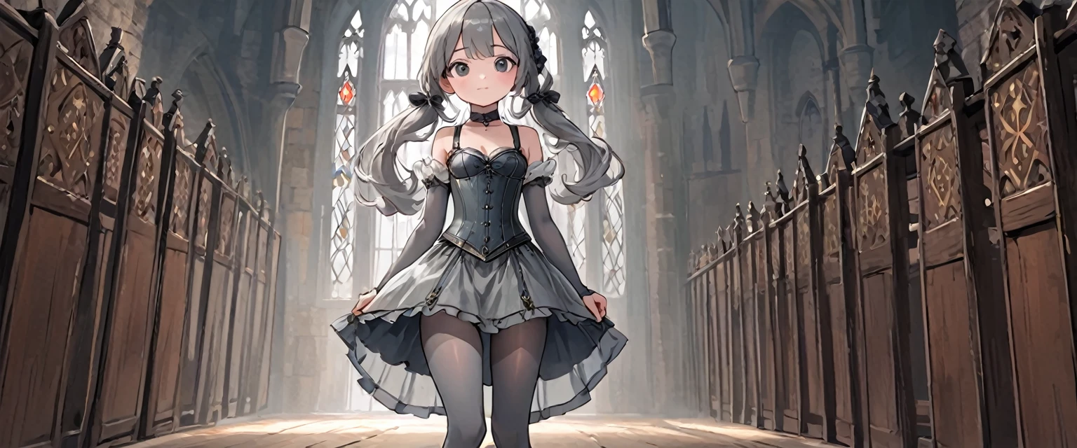 8  medieval girl, underwear姿、Translucent knee-length drawers（underwear）Wearing、Wearing a semi-transparent corset、Translucent slip, Grey translucent tights