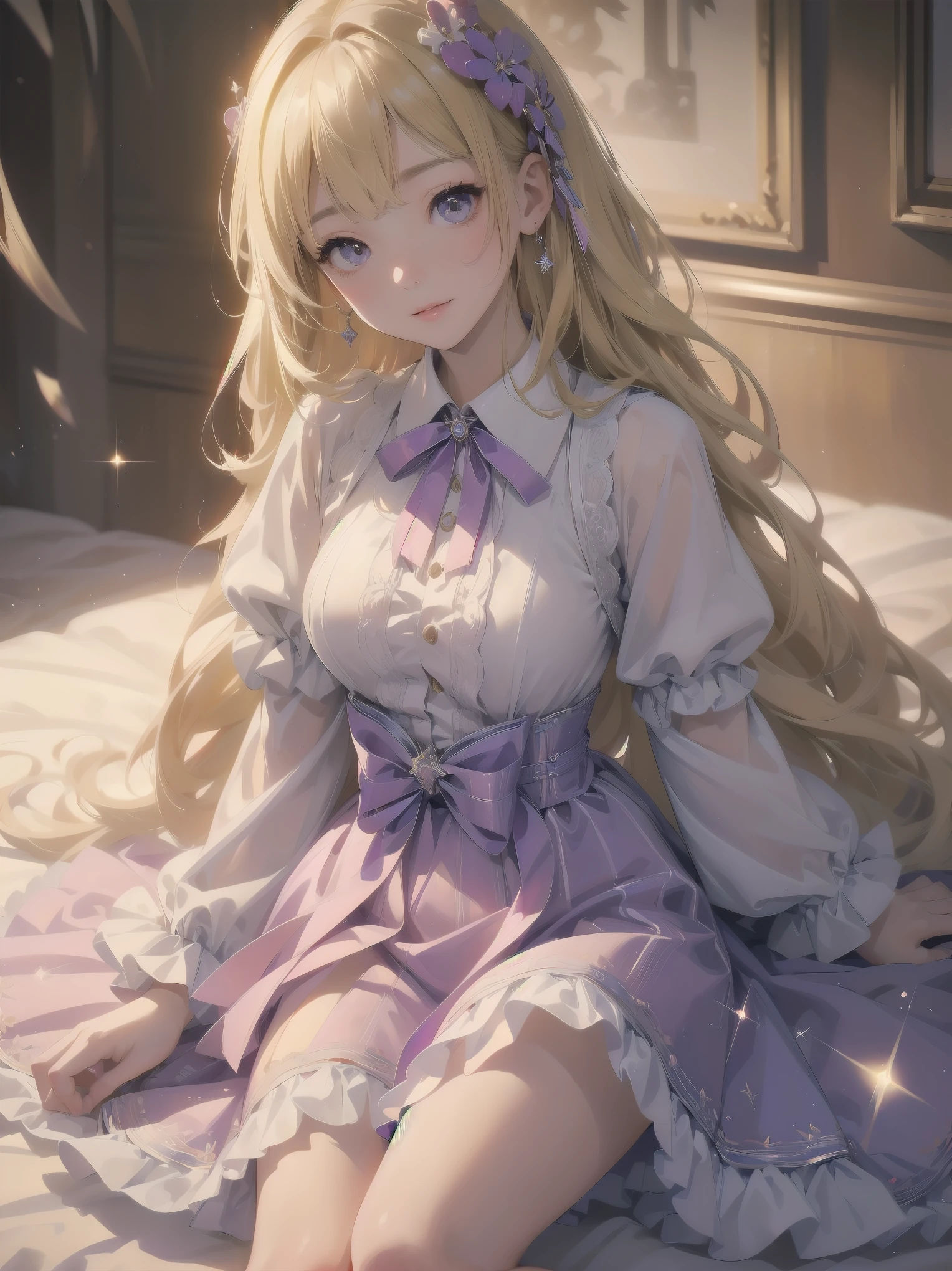 ((傑作 Highest quality:1.4)), ((Tabletop, Highest quality)), (8K quality), (Detailed Background:1.3), (Detailed face:1.3), (Cute Teenage Girls, alone),Beautiful portrait、Delicate body、Frilled blouse,Long Check Skirt,Vintage, Long blonde hair,Cinematic Light,A small smile,Tilt your head、Lying in a fluffy bed、sunlight、Shaking breasts、、Nipples、((She spreads her legs wide to show her pussy))、Flip Skirt、High class clothing、Rainbow glow, Beautiful sparkle,