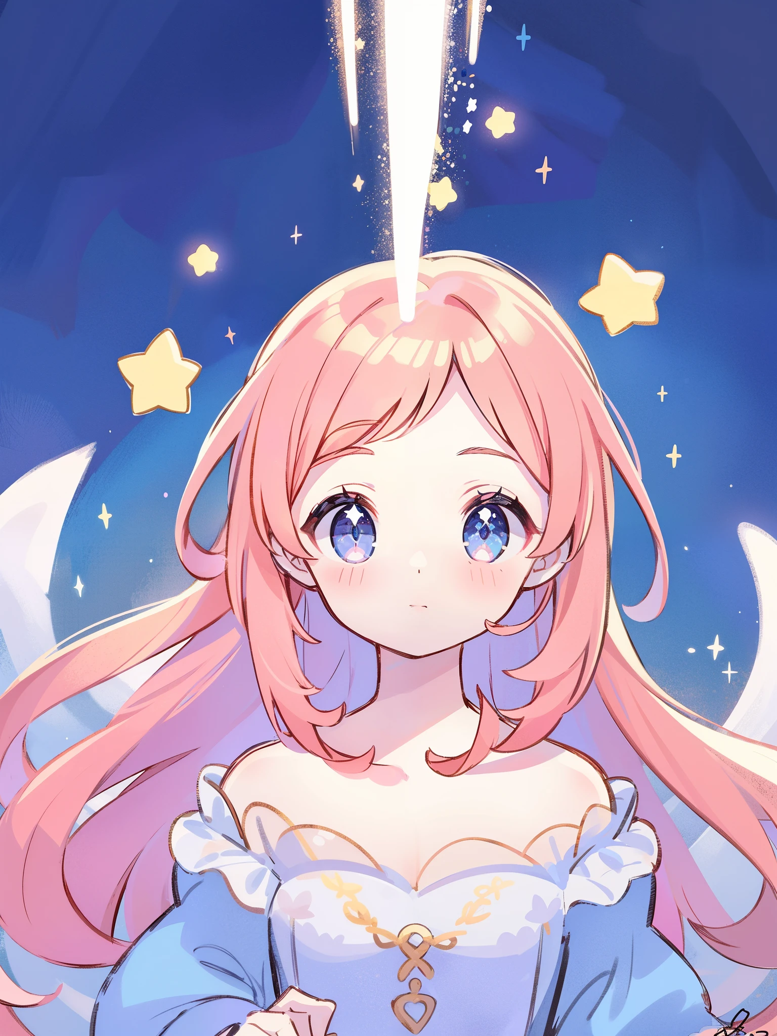 complex background, wishing star background, magical girl wearing an ethereal mystical pink translucent dress that reflects the stars, close up, sparkling detailed eyes, golden ratio face, perfect composition, perfume promo art, mystic, complex drawing, highly detailed, Covergirl brand, promo art, artistic rendition, ethereal, starry night, midjourney style