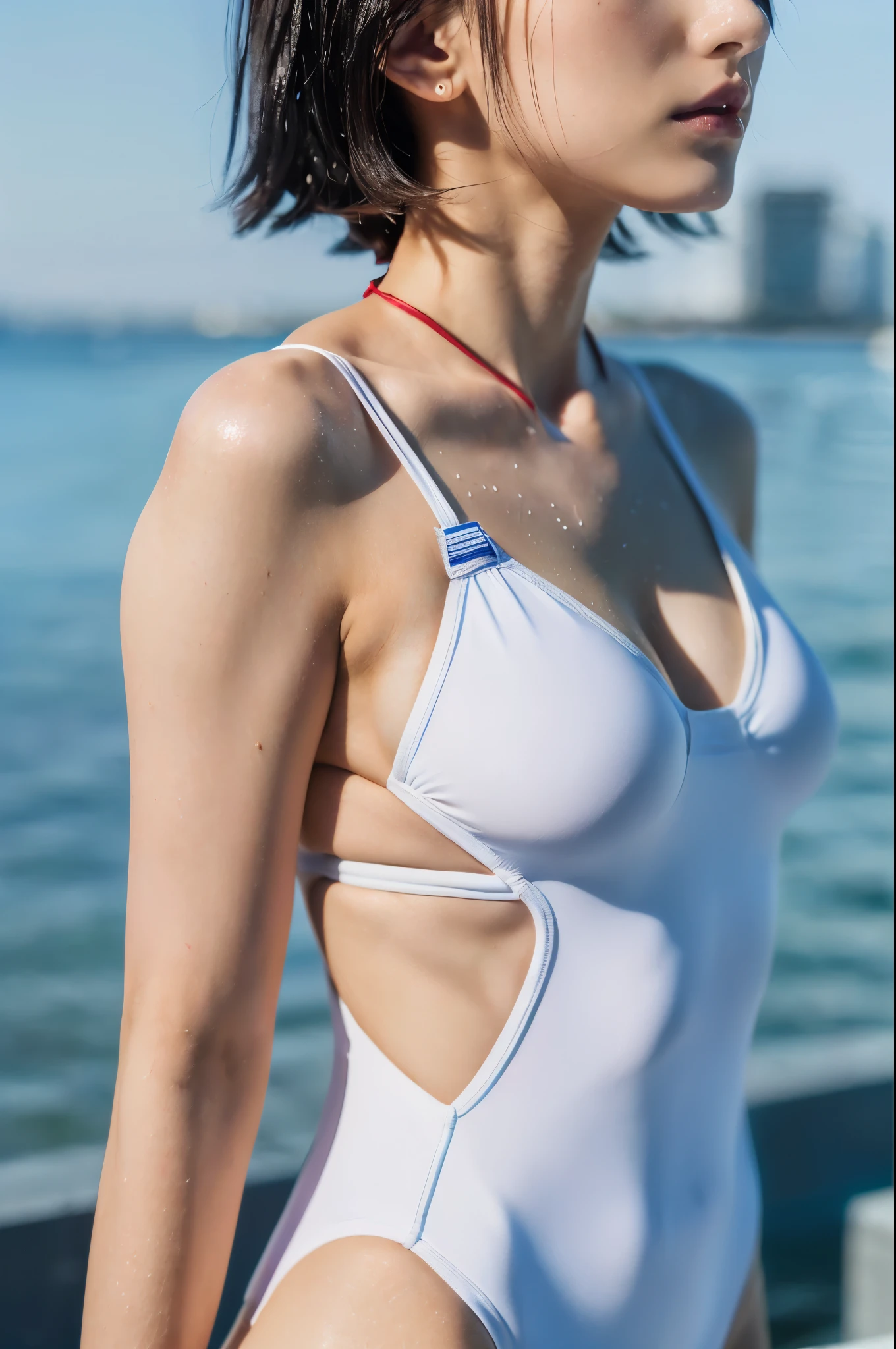 (masterpiece, Highest quality, Super detailed, 8K, wallpaper, Realistic), ((Perfect hands)), ((Perfect Anatomy)), Medium cleavage, Long, round legs, Round ass, ((Attractive anime girl)), ((Rei Ayanami)), ((Capturing her ethereal beauty with pale wet skin, Wet short indigo hair)), ((Bright crimson eyes with a mysterious depth)), ((Pale blue or white one-piece swimsuit, Swimwear should be simple and elegant, With a high neckline and a discreet yet flattering cut, NERV logo and、Evangelion-themed designs, etc.、Subtle details can be incorporated as accents, To pay tribute to her character)), ((Close-up shot, Side view)), ((Dynamic Background)), ((Sensual pose))