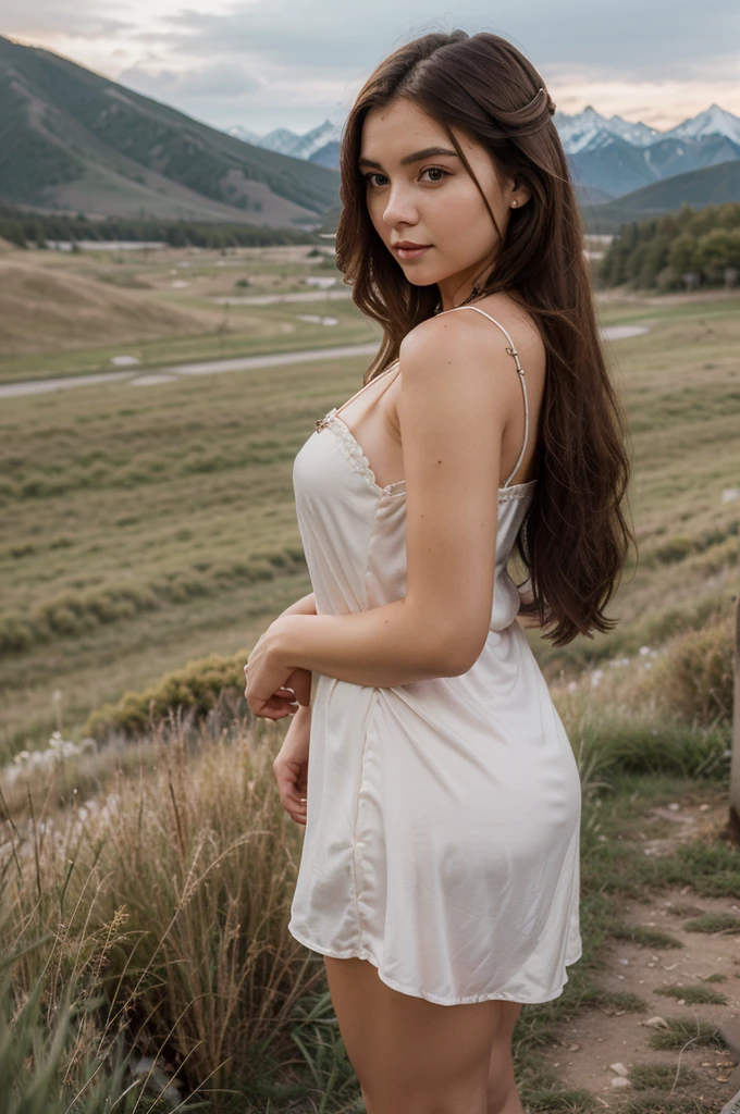 1girl in, 25 years old, Square face, Long hair, fat body, Looking at viewer, jewelry, Realistic, Sexy, nightgown outfit, colorful outfit, Background of grasslands and mountain peaks, posture sit