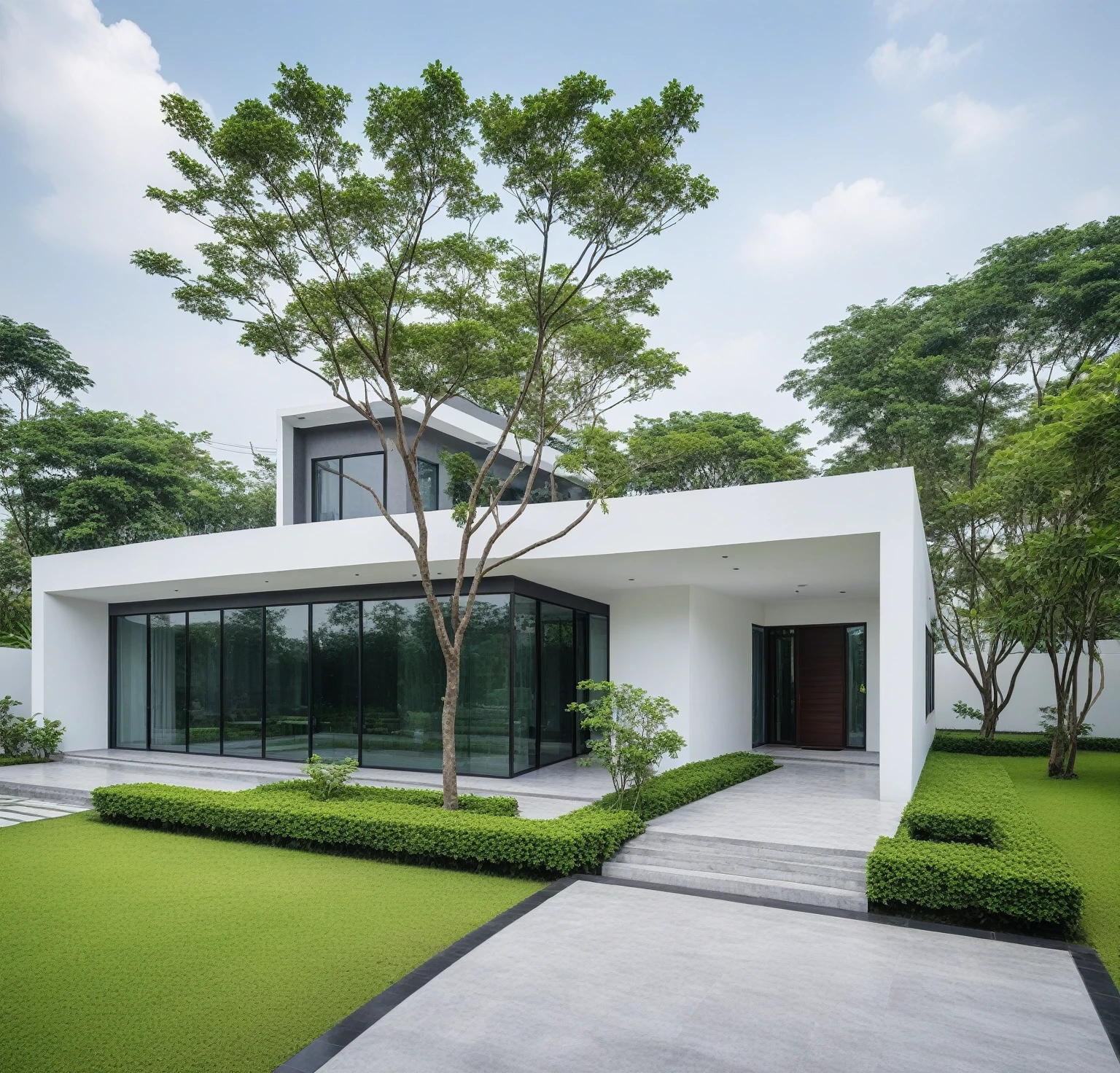 A modern minimalist style single-story villa with a flat roof, white walls and glass windows in Vietnam is surrounded by green lawns, ((road)), ((sidewalk)), ((sidewalk trees)), The overall architectural design features clean lines and simplicity, creating an elegant atmosphere. Use professional photography techniques to capture details and highlight the unique architecture of contemporary luxury houses in the style of minimalism