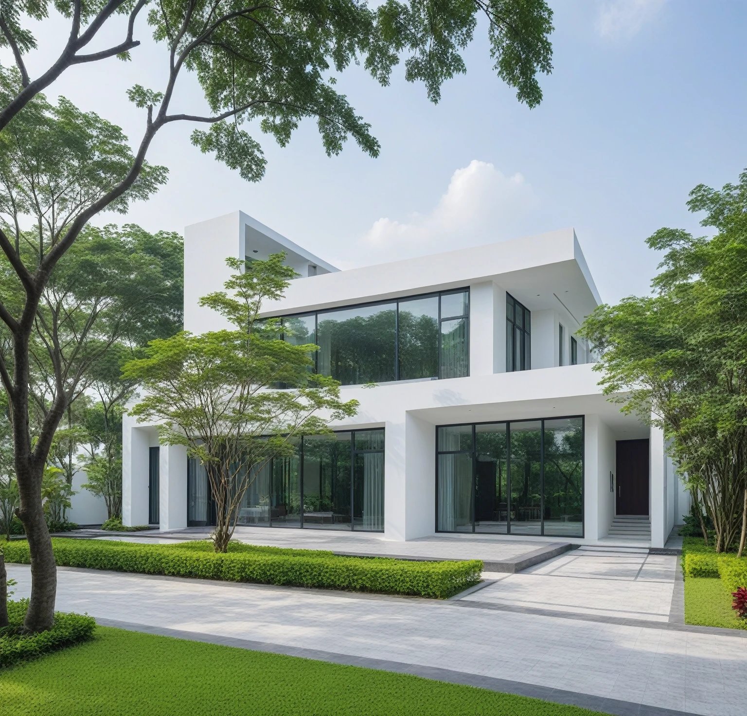 A modern minimalist style single-story villa with a flat roof, white walls and glass windows in Vietnam is surrounded by green lawns, ((road)), ((sidewalk)), ((sidewalk trees)), The overall architectural design features clean lines and simplicity, creating an elegant atmosphere. Use professional photography techniques to capture details and highlight the unique architecture of contemporary luxury houses in the style of minimalism