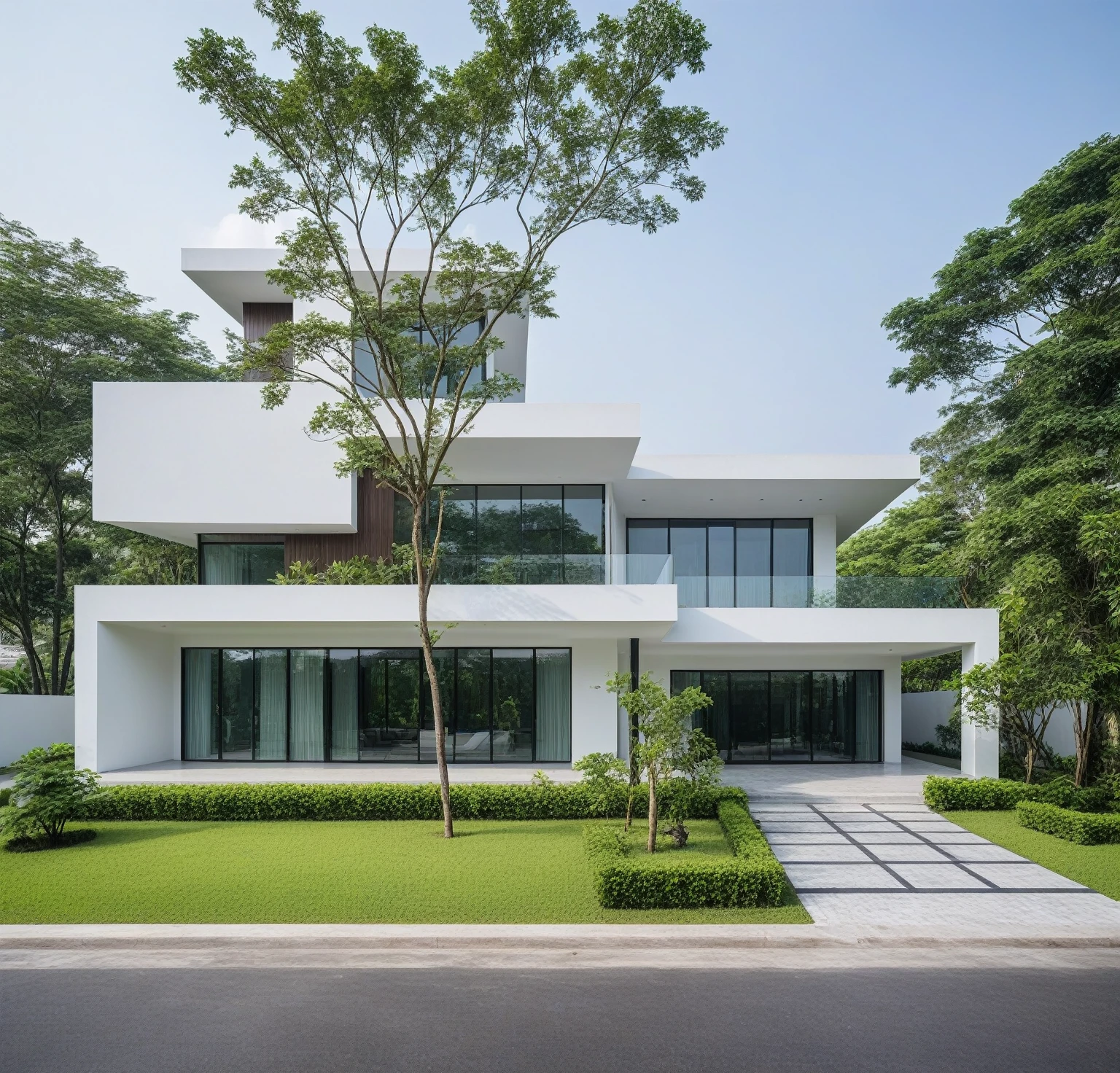 A modern minimalist style single-story villa with a flat roof, white walls and glass windows in Vietnam is surrounded by green lawns, ((road)), ((sidewalk)), ((sidewalk trees)), The overall architectural design features clean lines and simplicity, creating an elegant atmosphere. Use professional photography techniques to capture details and highlight the unique architecture of contemporary luxury houses in the style of minimalism