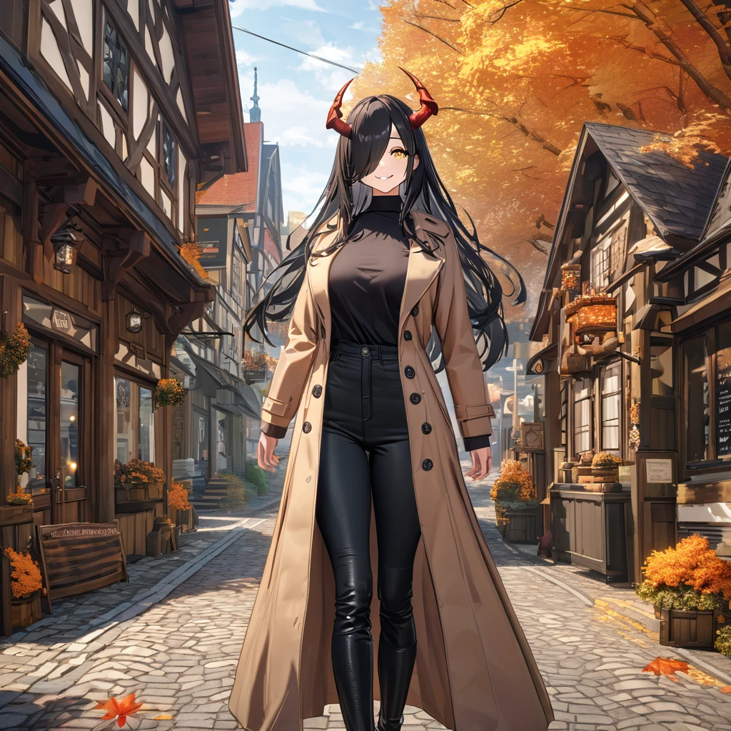 A woman wearing a long camel women's coat, black shirt, tight black pants, black leather boots, black hair, long hair, bangs covering one eye, yellow eyes, smiling, mature woman, red horn, walking on a sidewalk in a traditional German town in autumn weather, orange leaves by the road, daytime location.,UHD , work- prime, precise, anatomically correct, textured skin, super details, high quality, best quality, 8k, high resolution, bokeh effect. (woman solo)
