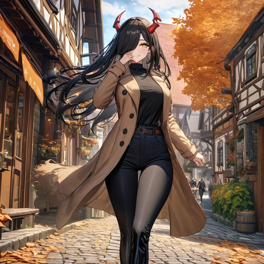 A woman wearing a long camel women's coat, black shirt, tight black pants, black leather boots, black hair, long hair, bangs covering one eye, yellow eyes, smiling, mature woman, red horn, walking on a sidewalk in a traditional German town in autumn weather, orange leaves by the road, daytime location.,UHD , work- prime, precise, anatomically correct, textured skin, super details, high quality, best quality, 8k, high resolution, bokeh effect. (woman solo)
