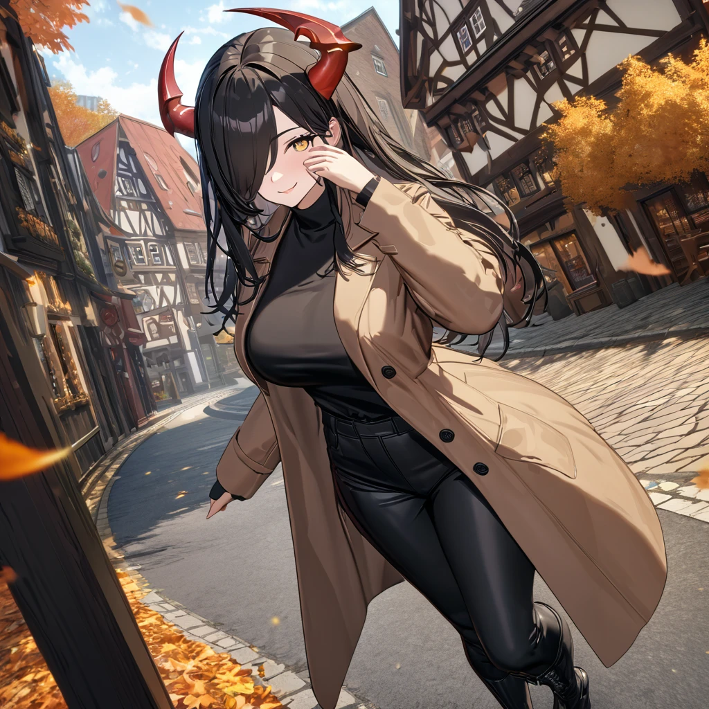 A woman wearing a long camel women's coat, black shirt, tight black pants, black leather boots, black hair, long hair, bangs covering one eye, yellow eyes, smiling, mature woman, red horn, walking on a sidewalk in a traditional German town in autumn weather, orange leaves by the road, daytime location.,UHD , work- prime, precise, anatomically correct, textured skin, super details, high quality, best quality, 8k, high resolution, bokeh effect. (woman solo)
