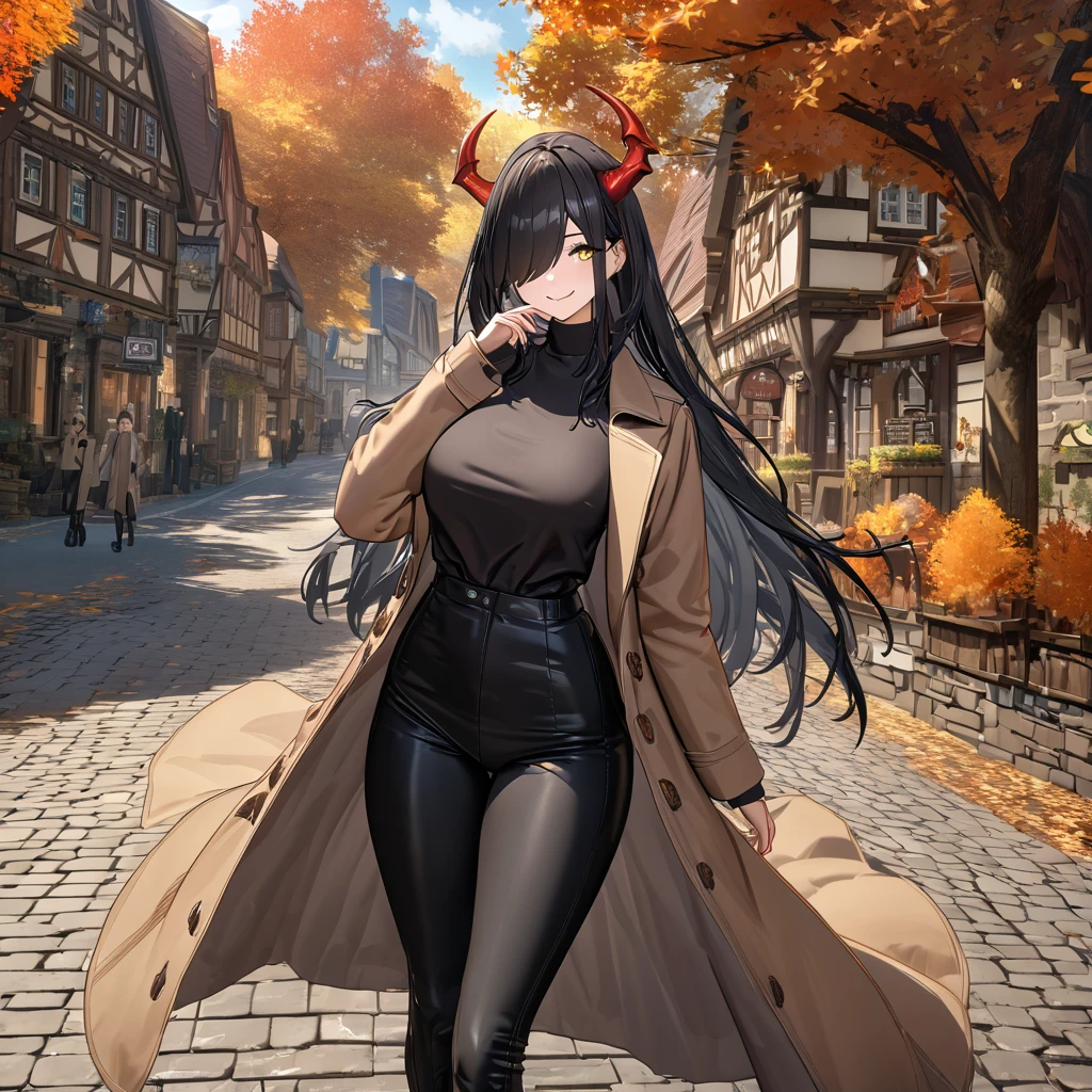 A woman wearing a long camel women's coat, black shirt, tight black pants, black leather boots, black hair, long hair, bangs covering one eye, yellow eyes, smiling, mature woman, red horn, walking on a sidewalk in a traditional German town in autumn weather, orange leaves by the road, daytime location.,UHD , work- prime, precise, anatomically correct, textured skin, super details, high quality, best quality, 8k, high resolution, bokeh effect. (woman solo)
