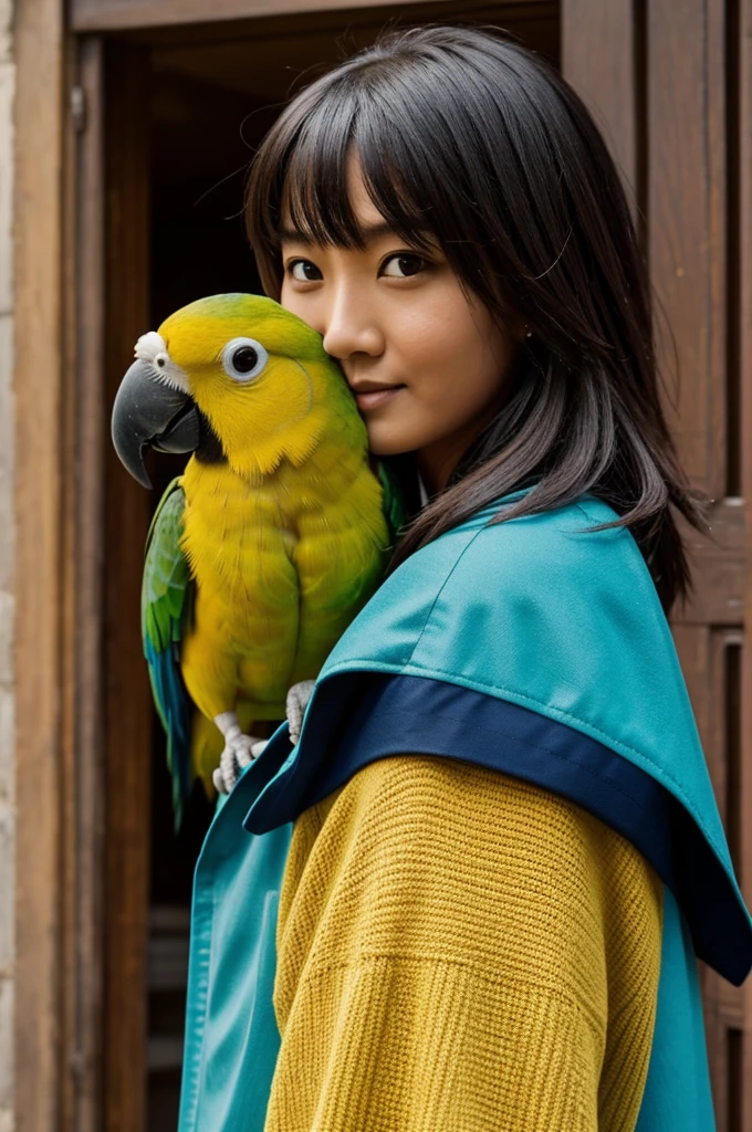 A blonde girl with a parrot on her shoulder