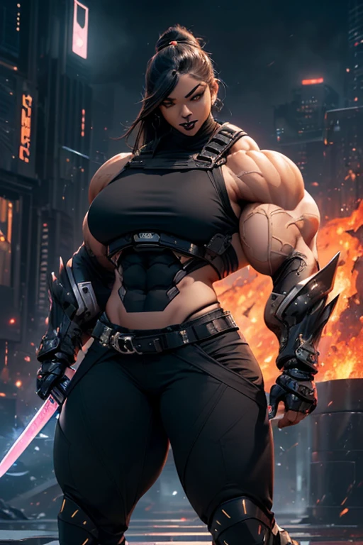 ((((Massive, beautiful, buff, muscular light brown skinned female ninja with black hair, black lipstick, ginormous bulky muscles, holding a black fire sword and wearing a black cybernetic ninja armor with pants)))), {close view}, black eyeliner, massive muscles, large breast, massive biceps, hyper muscle triceps, (long straight hair), orange eyes, mask, ninja boots, In a futuristic city, steel ninja armor, nighttime, closed smile, hyper muscles arms, hyper muscle legs, ginormous arms