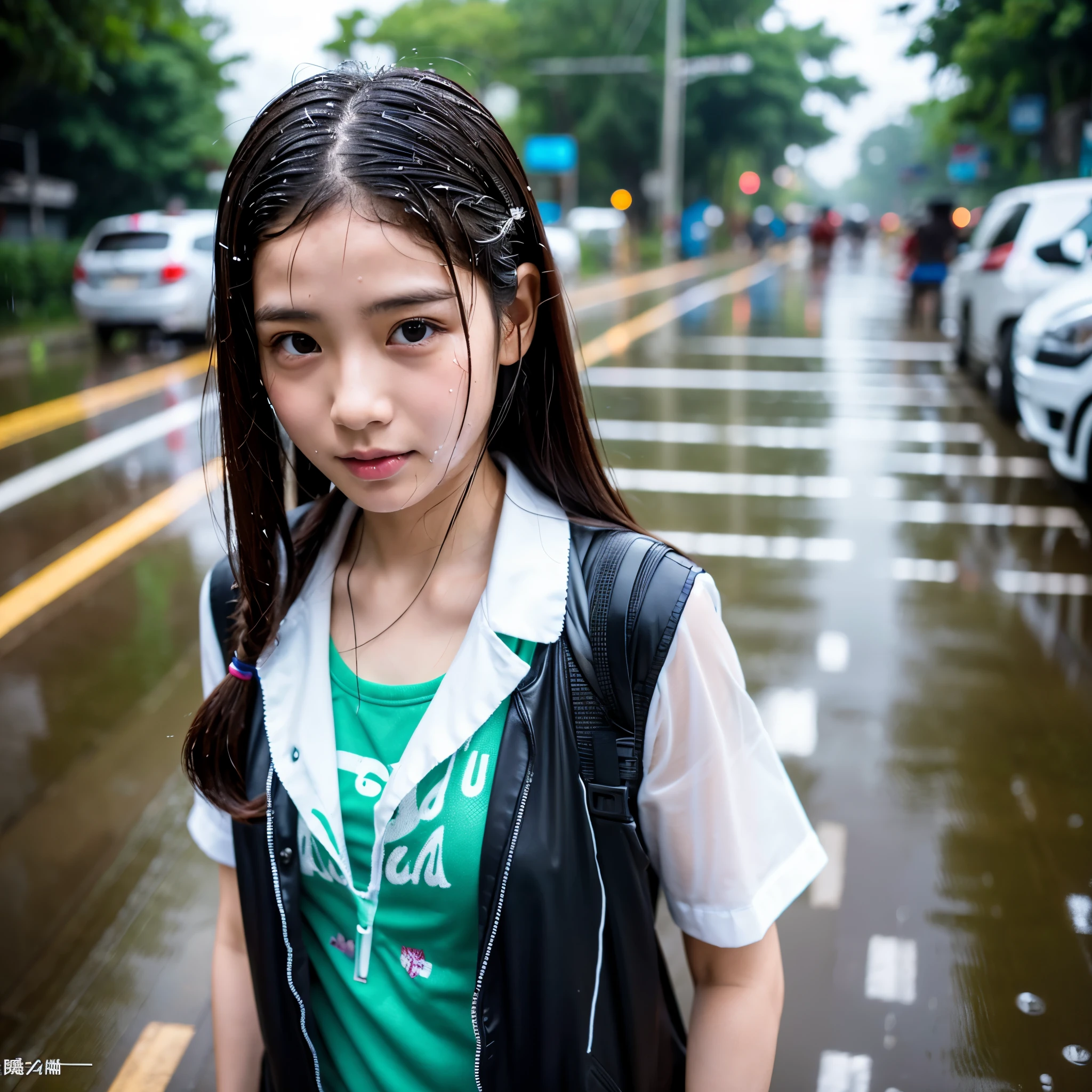songkran,Wet roads , soaked through,drenched, Dripping, Wet Face,Wet clothes, Wet Skin, Wet Hair,A young woman with a cute face like an idol,chest,chest元が見えるデザインのメイド服,cling,RAW Photos,Genuine,Genuine,High resolution,RAW Photos,masterpiece, Genuineistic, beautiful