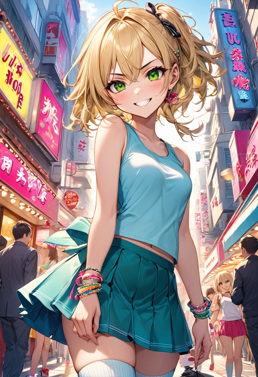 A mischievous girl with a sly grin, standing in a busy city. She has sharp, narrow eyes giving a teasing look, and her eyebrows are raised in a playful manner. She wears a with a playful twist:, funky socks, and a few quirky accessories like bracelets and hair clips.. in the city near a love hotel.,(masterpiece:1.3),(highest quality:1.4),(ultra detailed:1.5),High resolution,extremely detailed,unity 8k wallpaper, blonde hair, green eyes, wearing a tank top and a tight skirt
