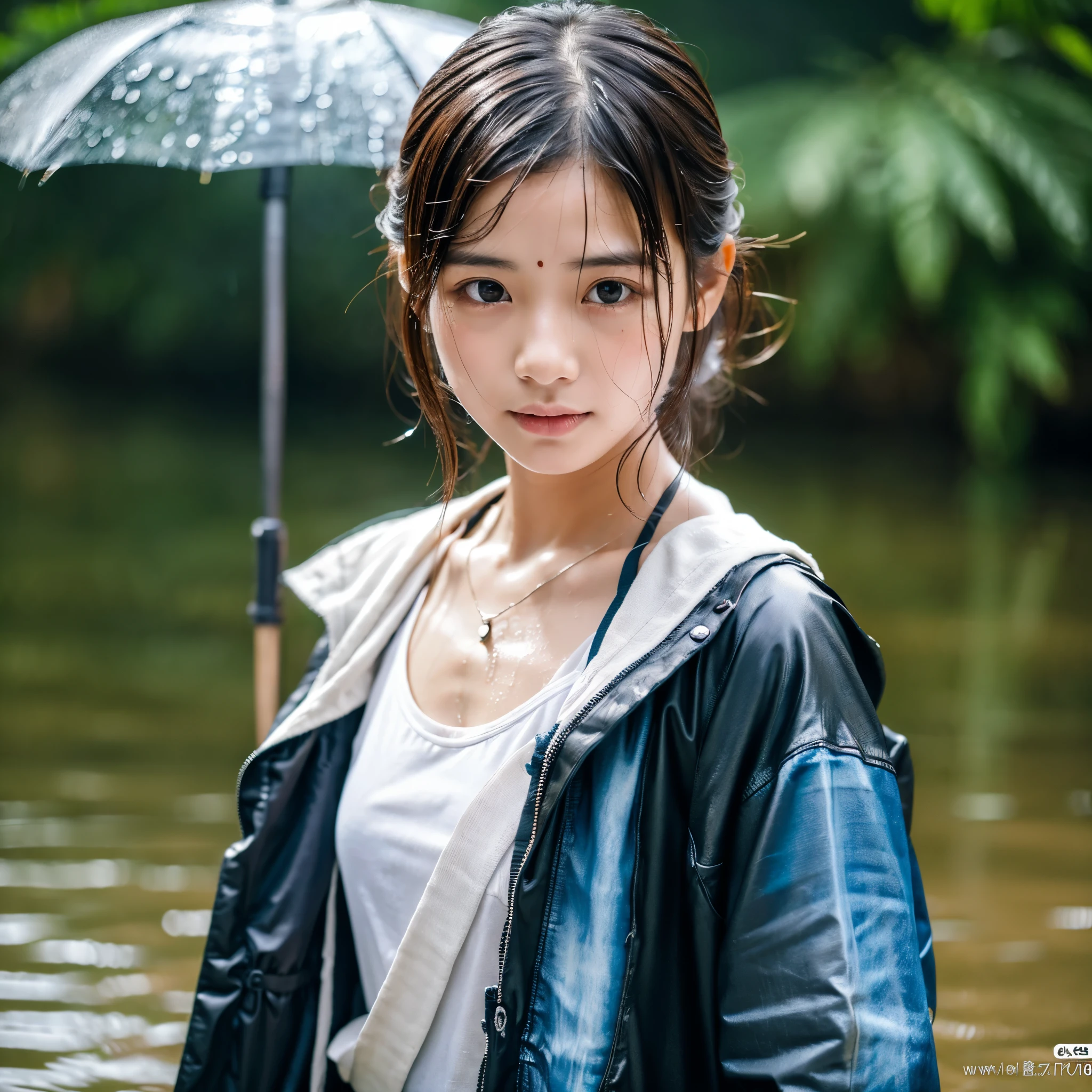 songkran,Wet roads , soaked through,drenched, Dripping, Wet Face,Wet clothes, Wet Skin, Wet Hair,A young woman with a cute face like an idol,chest,(chestの谷間),(chest元が見えるデザインの服),cling,RAW Photos,Genuine,Genuine,High resolution,RAW Photos,masterpiece, Genuineistic, beautiful