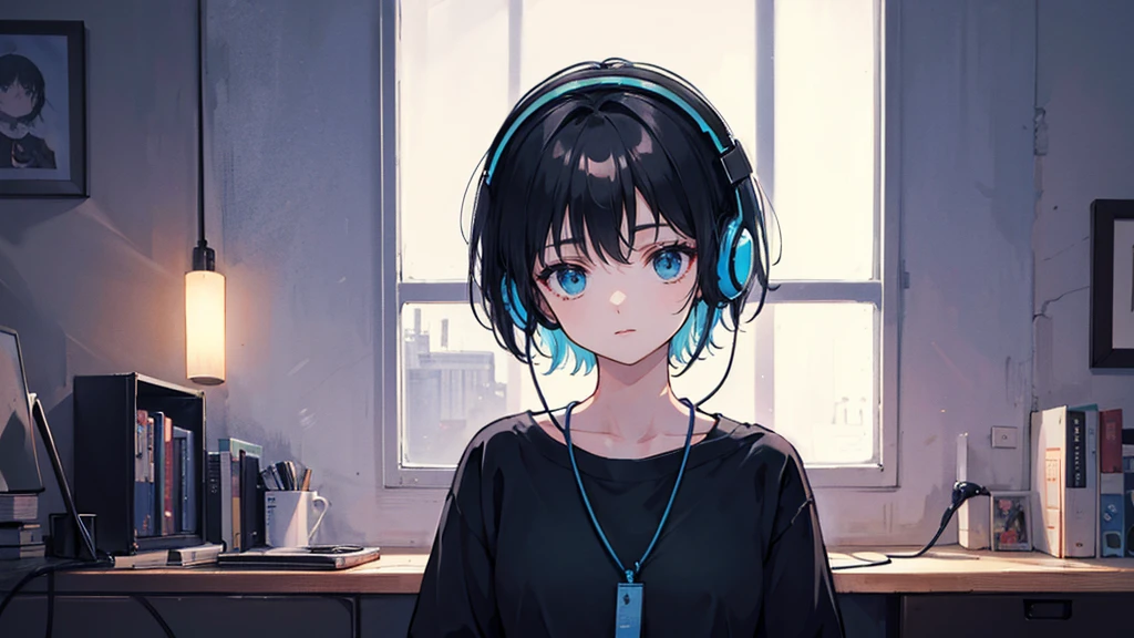 Black short Hair, Black Clothing, One Adult Woman Looking Sideways ,Blue headphones、 Delicate background、Masterpiece、night、dark、Nostalgic、night lighting、Inside the room、Barely