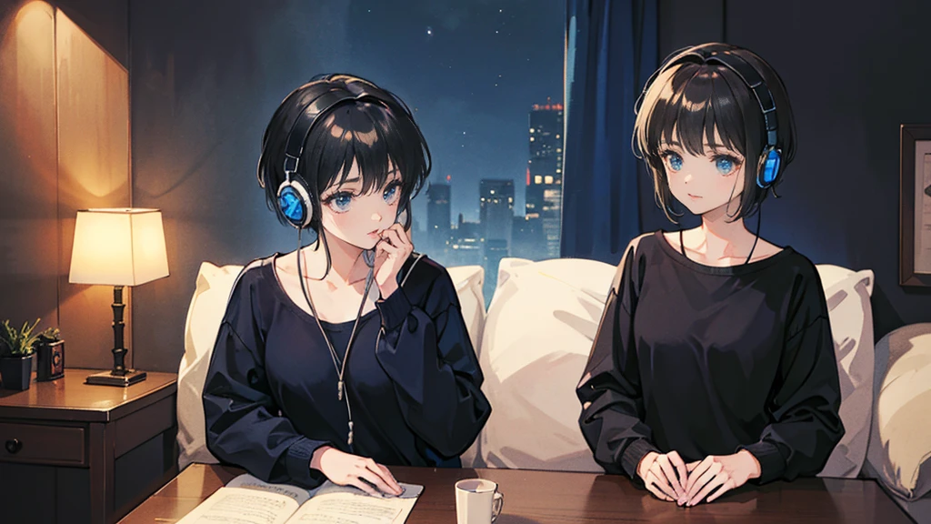 Black short Hair, Black Clothing, One Adult Woman Looking Sideways ,Blue headphones、 Delicate background、Masterpiece、night、dark、Nostalgic、night lighting、Inside the room、Barely
