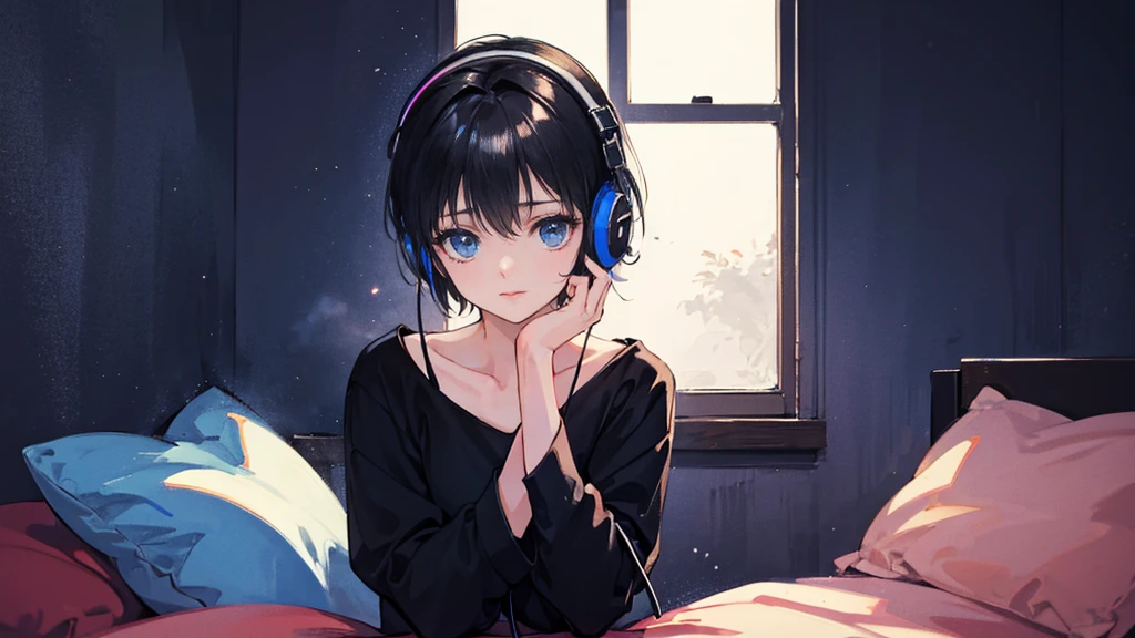 Black short Hair, Black Clothing, One Adult Woman Looking Sideways ,Blue headphones、 Delicate background、Masterpiece、night、dark、Nostalgic、night lighting、Inside the room、Barely