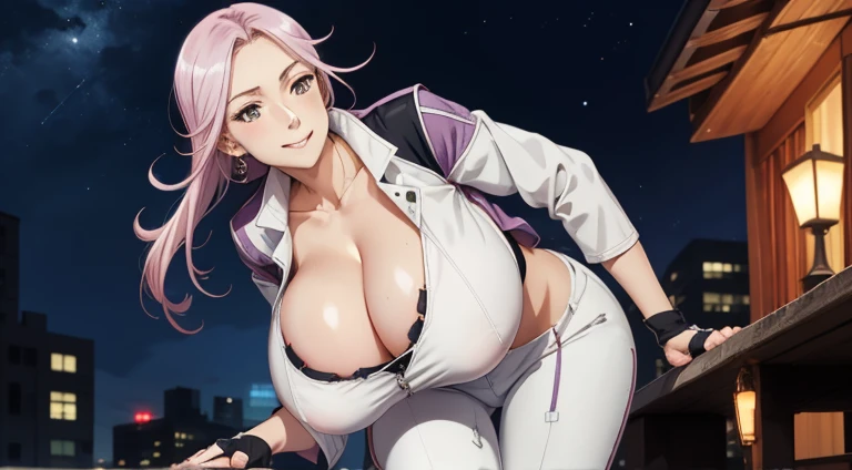 anime cels style, best quality, high resolution, 1girl, solo, (huge breasts:1.4), Beautiful face, blush, smile, satou shouji, triage x, sagiri yuuko, black crop top, white jacket, cleavage, fingerless gloves, white pants, mature female, (from below), (from side:0.8), night, city