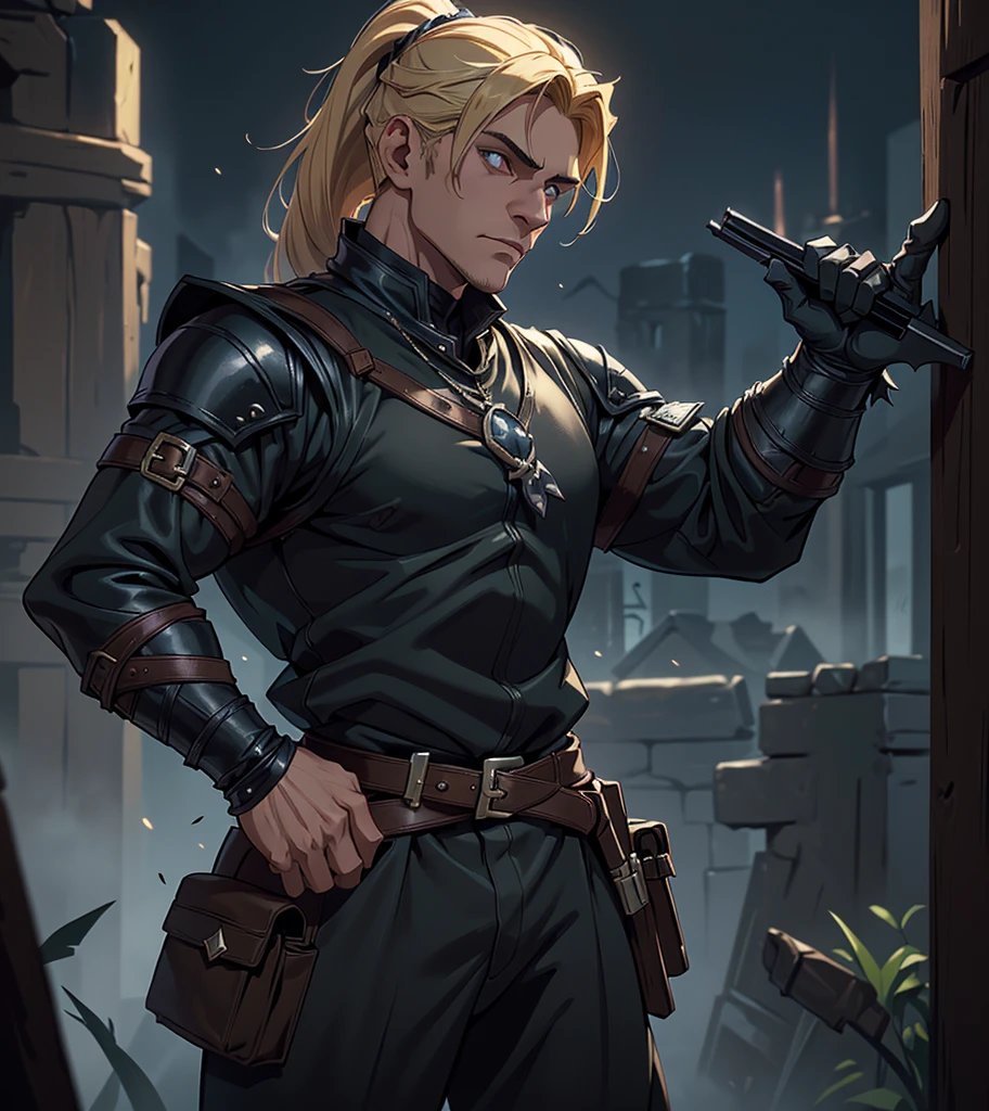 (((Solo character image.))) (((Generate a single character image.)))  (((Dressed in medieval fantasy attire.))) (((Very sexy facial expression.))) (((Dressed in medieval fantasy attire.))) (((Looks like Adonis.))) (((Appears to be 20 years old with youthful looks.))) (((Dark and sinister background at night.))) (((Alpha male))) (((Solo character image.))) (((Generate a single character image.))) Dark fantasy art, (((Dark, night time background.))) (((Strong elements of dark medieval fantasy.))) (((Sexy and handsome male.))) (((This is an urban explorer in a dark fantasy realm.))) (((Blond hair in a ponytail.))) Night background. Dark. Eerie. Dark fantasy art, short cropped blond hair, Scoundrel. Vagabond. Miscreant. Knave. This is an urban explorer in a dark fantasy realm. Looks mysterious, wearing a black shirt, black pants and black boots. Looks like a sneaky rogue in medieval fantasy urban setting. Looks like a shady rogue in a medieval fantasy setting. Looks like a medieval fantasy male character. Looks like a male rogue for Dungeons & Dragons in a medieval fantasy setting. Wears lots of black clothing. Looks like a handsome criminal for a medieval fantasy setting. Looks shifty. Looks suspicious. Looks untrustworthy. wearing black leather medieval clothing, sneaky, rogue, muscular, gorgeous face, fantasy artwork, fantasy attire, fantasy adventurer, masterpiece:1.3,madly detailed photo:1.2, hyper-realistic lifelike texture:1.4, picture-perfect:1.0,8k, HQ,best quality:1.0, (masterpiece,fantasy,art, best quality, unreal engine, 8k, ultra HD, centered image, absurdres