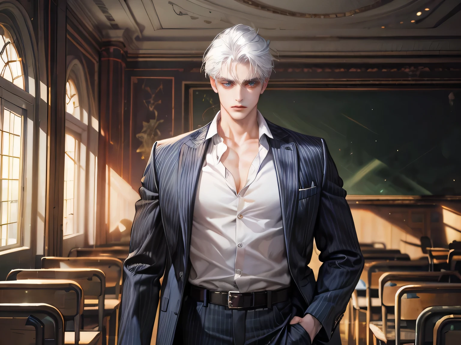 (absurdres, highres, ultra detailed, original character), russian boy, solo, adult, handsome, ((tall muscular guy, broad shoulders)), finely detailed eyes, ((fluffy black hair)), A teacher, 53-year-old man, middle-aged, white hair with white streaks, blue eyes, in the classroom, wearing a corduroy suit, a white shirt, with a belt, medieval times, scary atmosphere, a man with a serious look