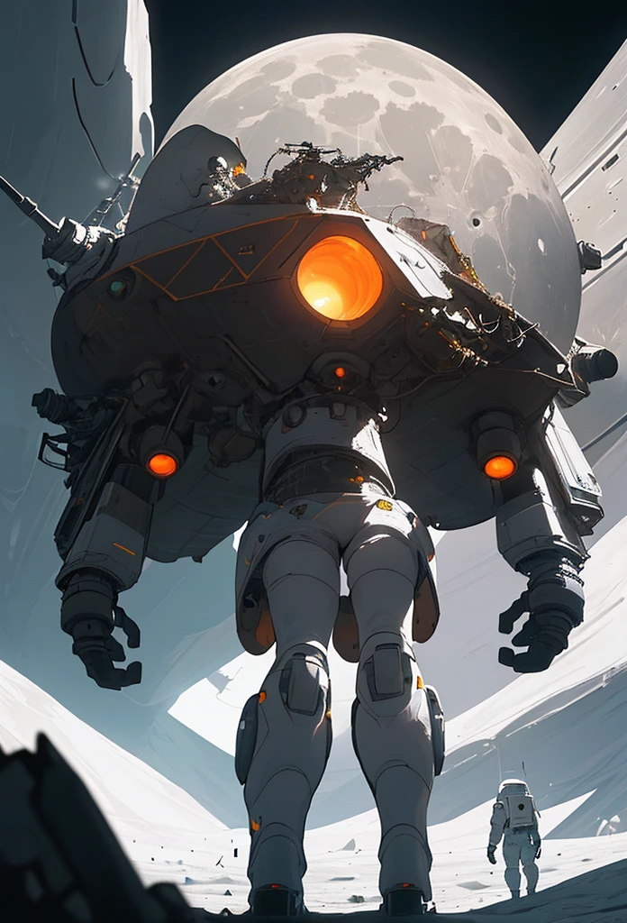 a futuristic scene of people on the moon, large lunar lander spacecraft in the background, dramatic lighting, cinematic composition, hyperrealistic, intricate details, vibrant colors, stunning atmosphere, science fiction, 8K, highly detailed, masterpiece