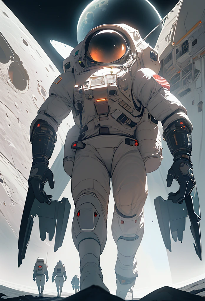a futuristic scene of people on the moon, large lunar lander spacecraft in the background, dramatic lighting, cinematic composition, hyperrealistic, intricate details, vibrant colors, stunning atmosphere, science fiction, 8K, highly detailed, masterpiece