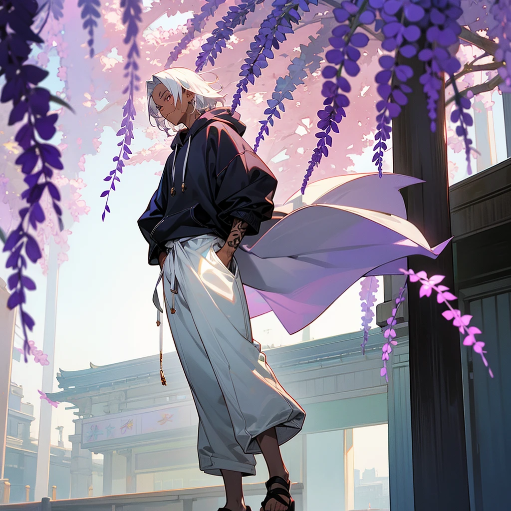1male, young adult, dark skin, finely detailed plum eyes, wild medium hair, seashell white hair color, oversized hoodie, baggy pants, standing on building, day time, tokyo streets, somber expression, muscular, tattoos, wisteria flowers, scars