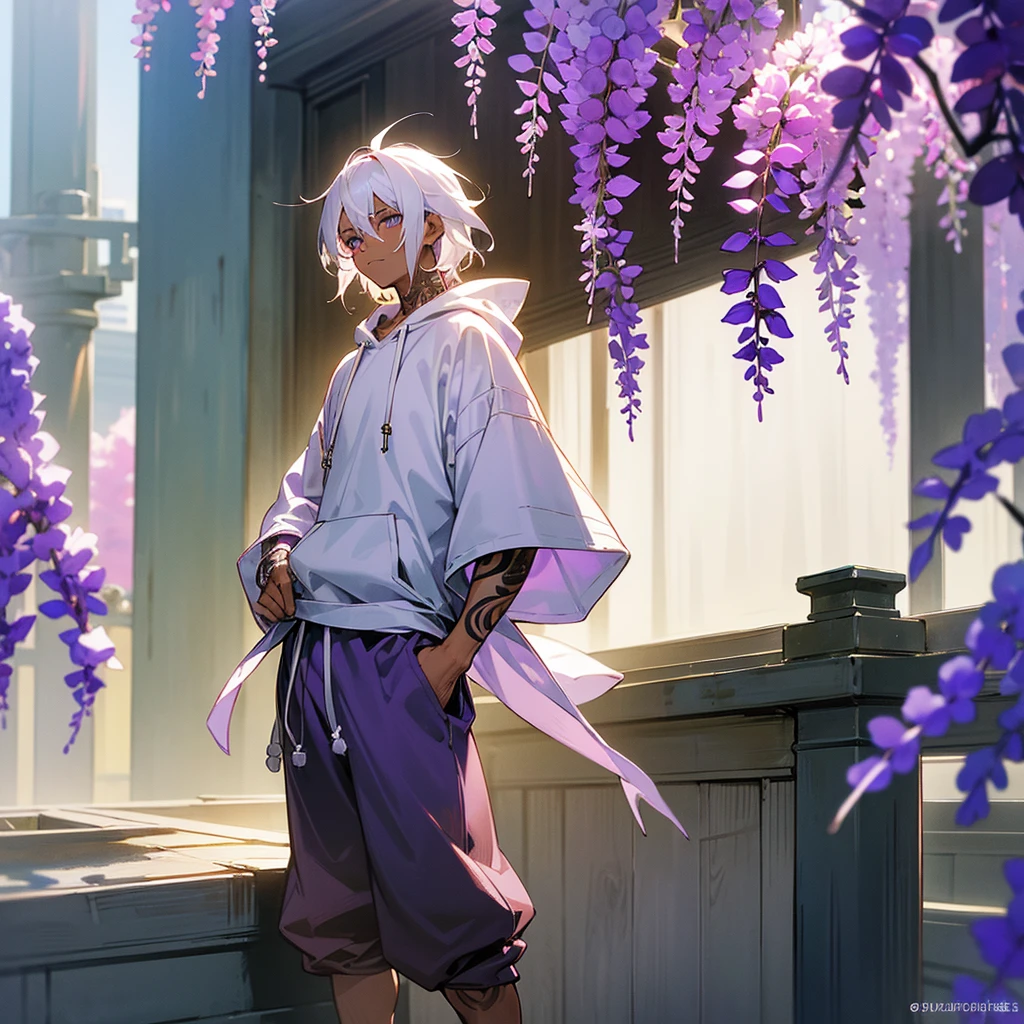 1male, young adult, dark skin, finely detailed plum eyes, wild medium hair, seashell white hair color, oversized hoodie, baggy pants, standing on building, day time, tokyo streets, somber expression, muscular, tattoos, wisteria flowers, scars