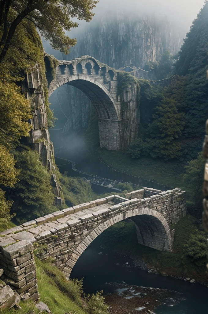 I want you to create a bridge for me In the depths of a valley lost between misty mountains, the Bridge of Whispers rises. This old bridge, made of grayish stone and adorned with runic inscriptions, crosses a chasm that seems to defy natural laws