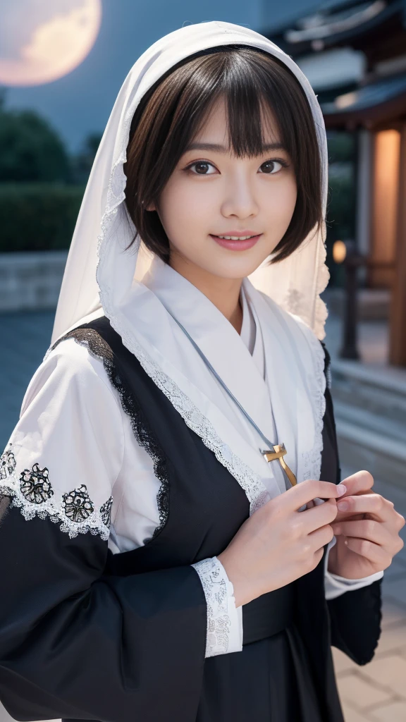 (オナニー:2.0),(A Ultra cute young Japanese nun:2.0),(she wearing a decorated with lace nun costume and scart slim fit:2.0),(beautiful detailed dropped eyes:2.0),beautiful detailed lips, (extremely detailed cute and beautiful face:2.0), longeyelashes, (slender woman body:1.5), (beautiful short hair:2.0), (natural makeup,big smile:1.5), incredibly beautiful skin,(professional lighting, bright lighting, photorealistic, 8k, high resolution, best quality, masterpiece, ultra-detailed:1.75), vivid colors, (Moonlit Night:1.5),(The moonlight shines on her face:1.2),(She is in the convent:1.2)