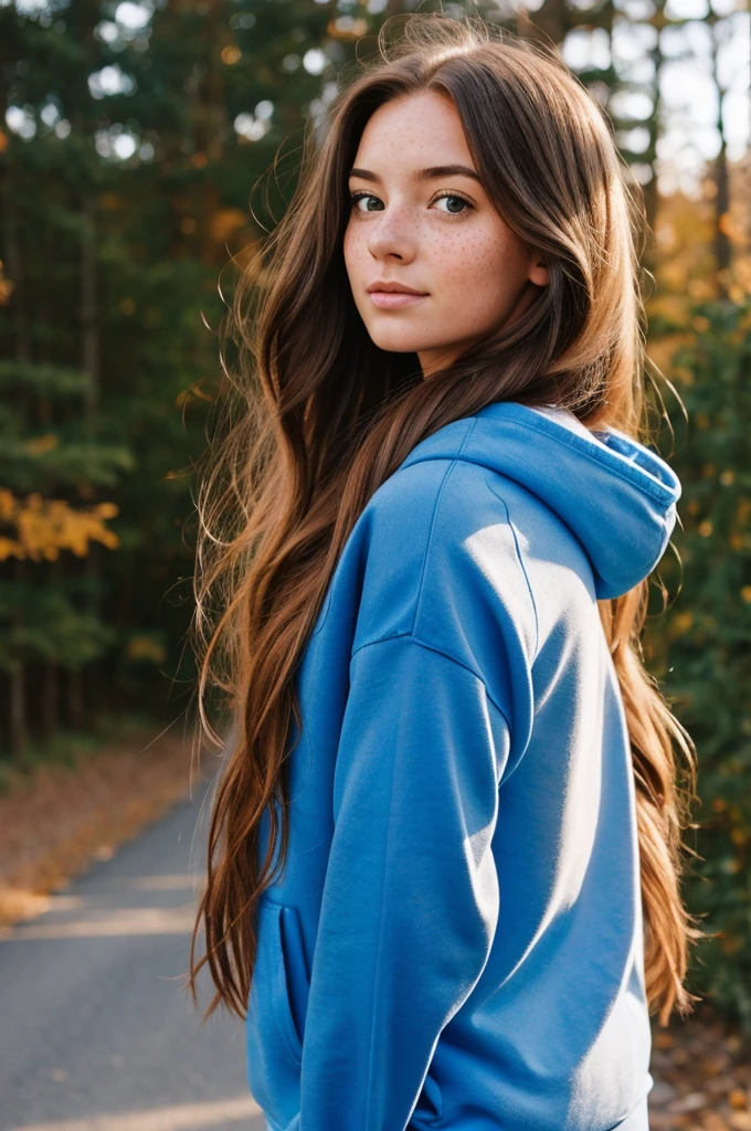 A girl with long flowing hair, with freckles and a blue sweatshirt 