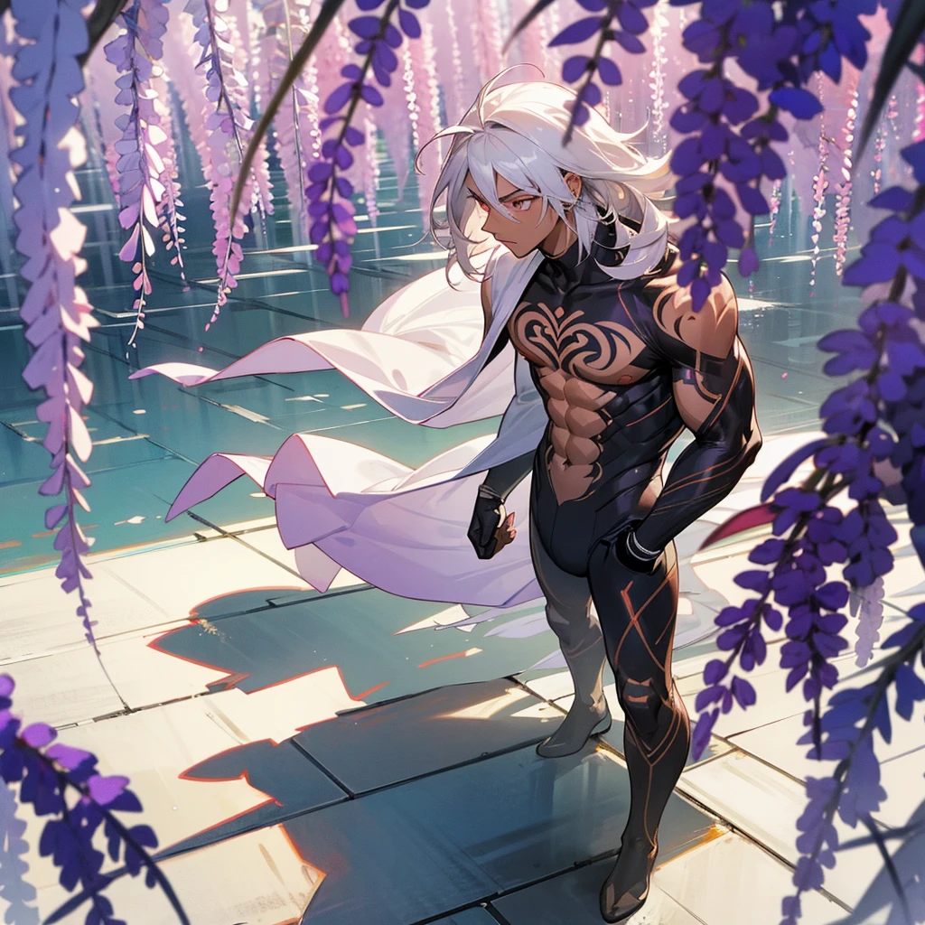 1male, young adult, dark skin, finely detailed plum eyes, wild medium hair, seashell white hair color, full body combat suit, standing on building, day time, tokyo streets, somber expression, muscular, tattoos, wisteria flowers, scars