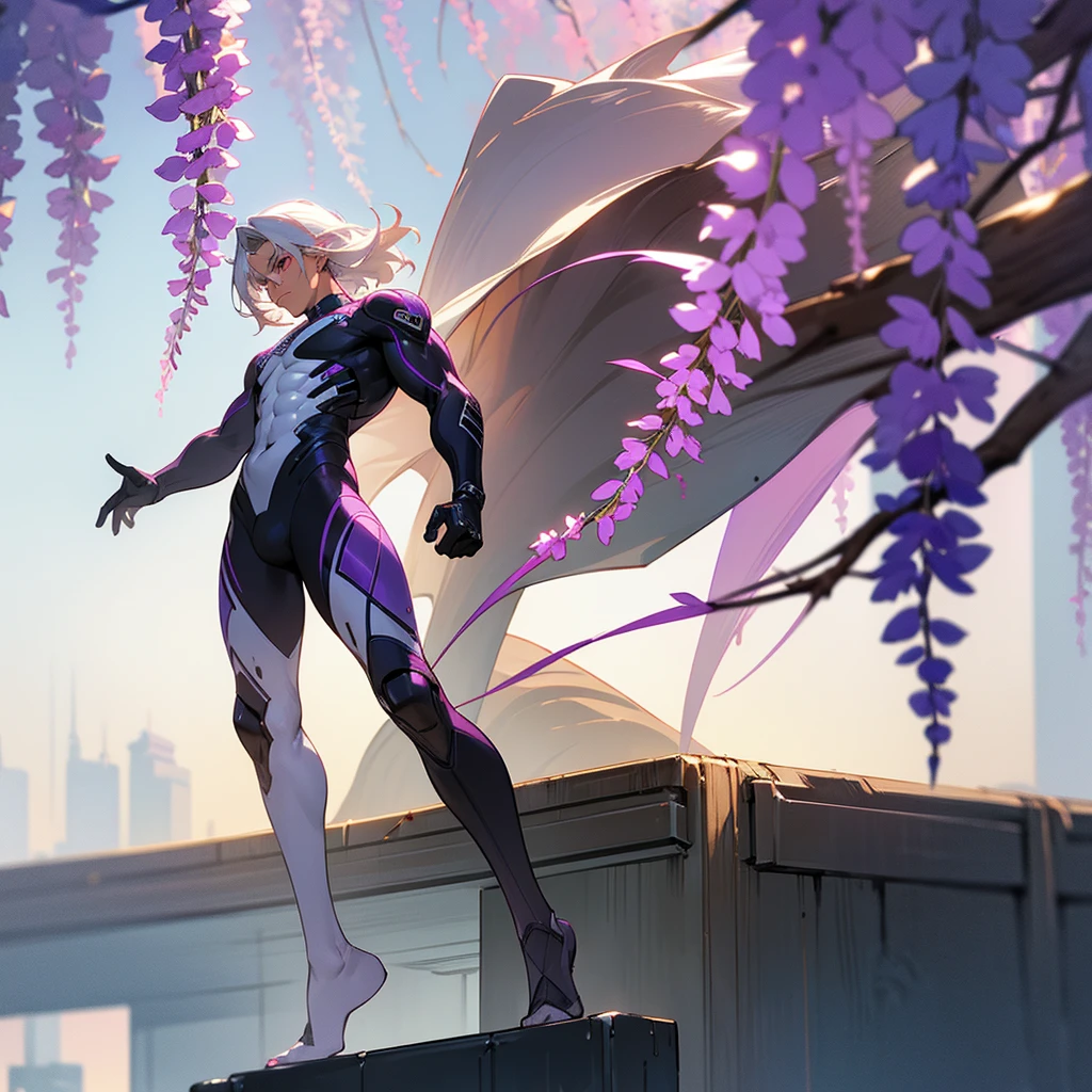 1male, young adult, dark skin, finely detailed plum eyes, wild medium hair, seashell white hair color, full body combat suit, standing on building, day time, tokyo streets, somber expression, muscular, tattoos, wisteria flowers, scars