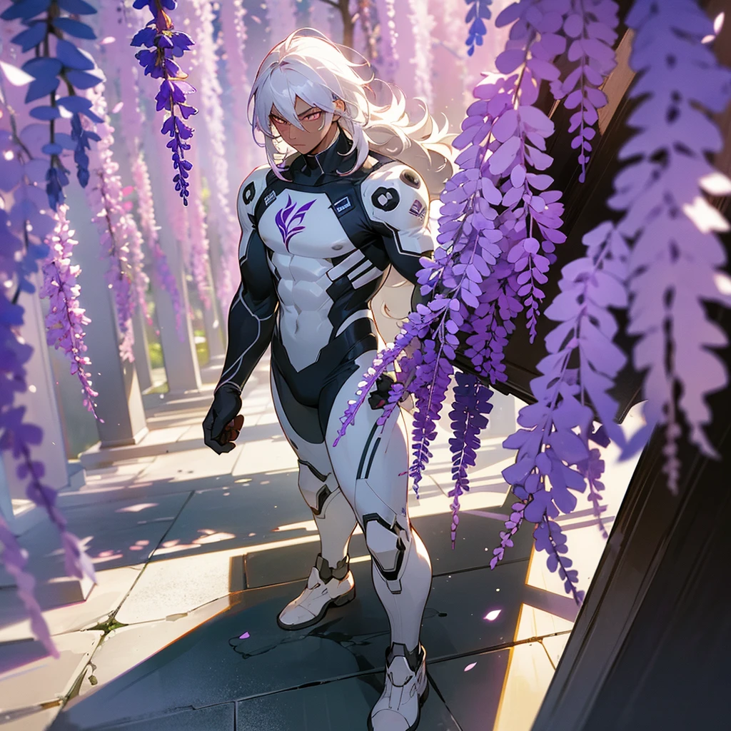 1male, young adult, dark skin, finely detailed plum eyes, wild medium hair, seashell white hair color, full body combat suit, standing on building, day time, tokyo streets, somber expression, muscular, tattoos, wisteria flowers, scars