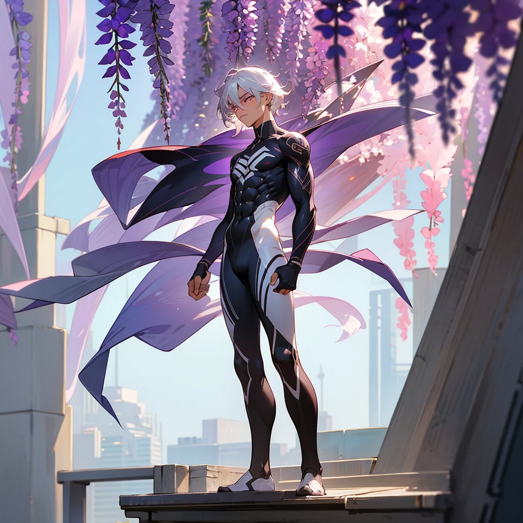 1male, young adult, dark skin, finely detailed plum eyes, wild medium hair, seashell white hair color, full body combat suit, standing on building, day time, tokyo streets, somber expression, muscular, tattoos, wisteria flowers, scars