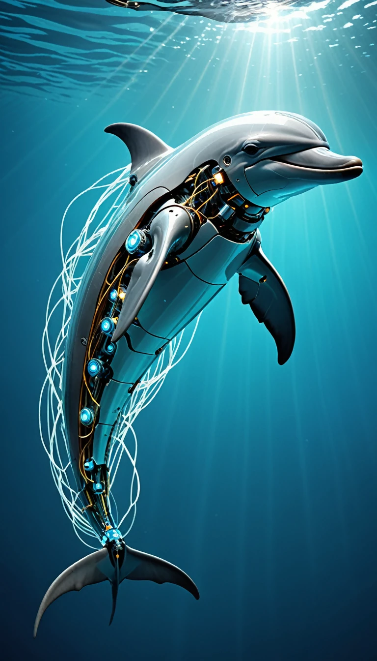 Swimming in the ocean、Dolphin in its purest form、Translucent movie stills (Dolphin as a cybernetic robot:1.5), (Glowing Veins:1.3) (The cable enters the body, circuit:1.3), Very detailed, Vignette, Very detailed, High budget, Bokeh, Sulky, amazing, nice, Film Grain, granular