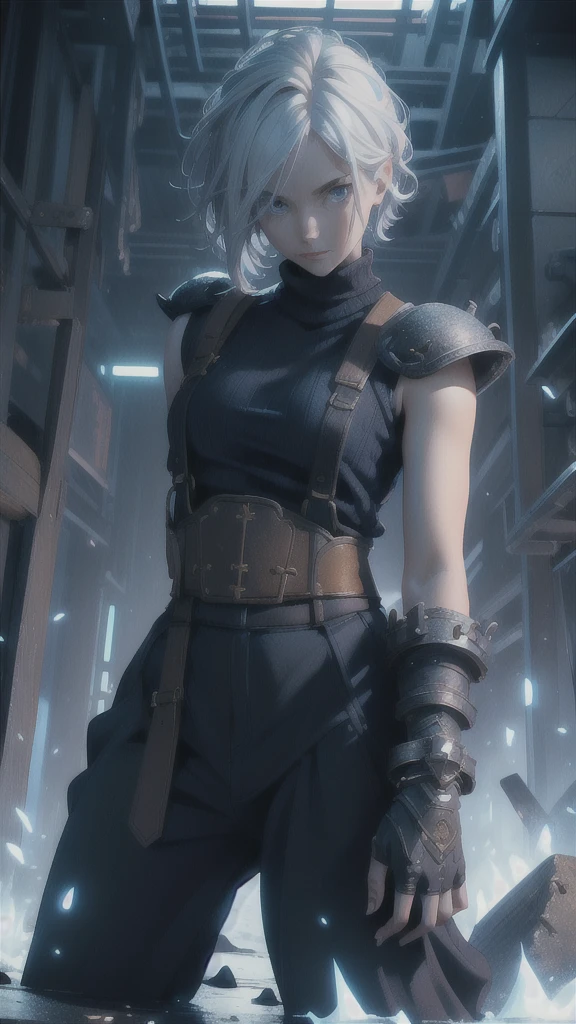 (masterpiece, best quality:1.2), expressive eyes, perfect face, highres, 1 girl, solo, (female:1.5), strife, short hair, shoulder armor, sleeveless turtleneck, suspenders, belt, gloves, bracer, standing, portrait, looking at viewer, White hair, Blue glowing eyes