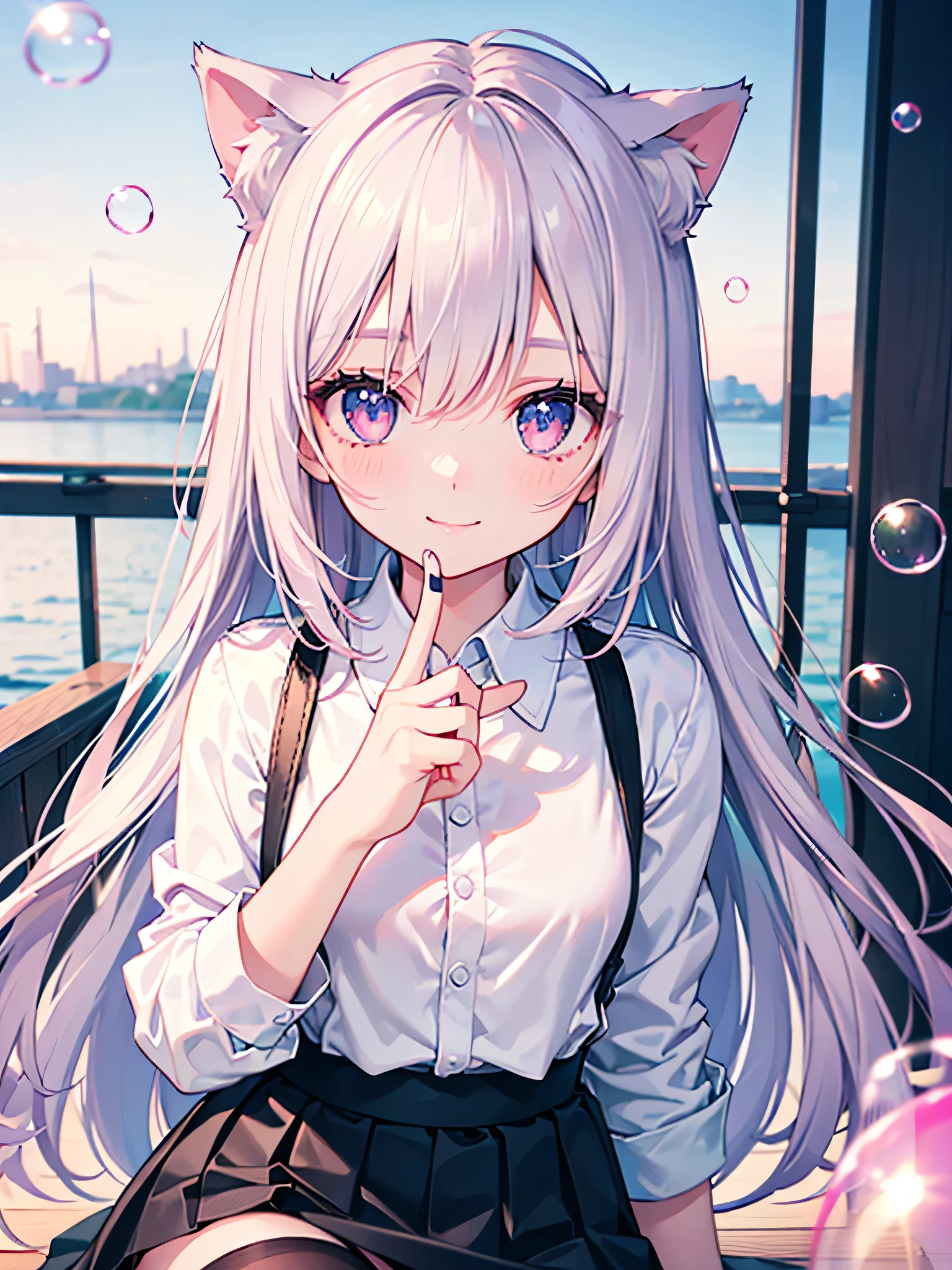 masterpiece,highest quality,Highly detailed face,fine grain,Waterfront,Bubble,Sparkling eyes,Highlighted eyes,Medium chest,pretty girl,smile,Cat ear,Beautiful silver hair,Pink inside,Beautiful pink eyes,Oversized shirt、skirt、black tights
