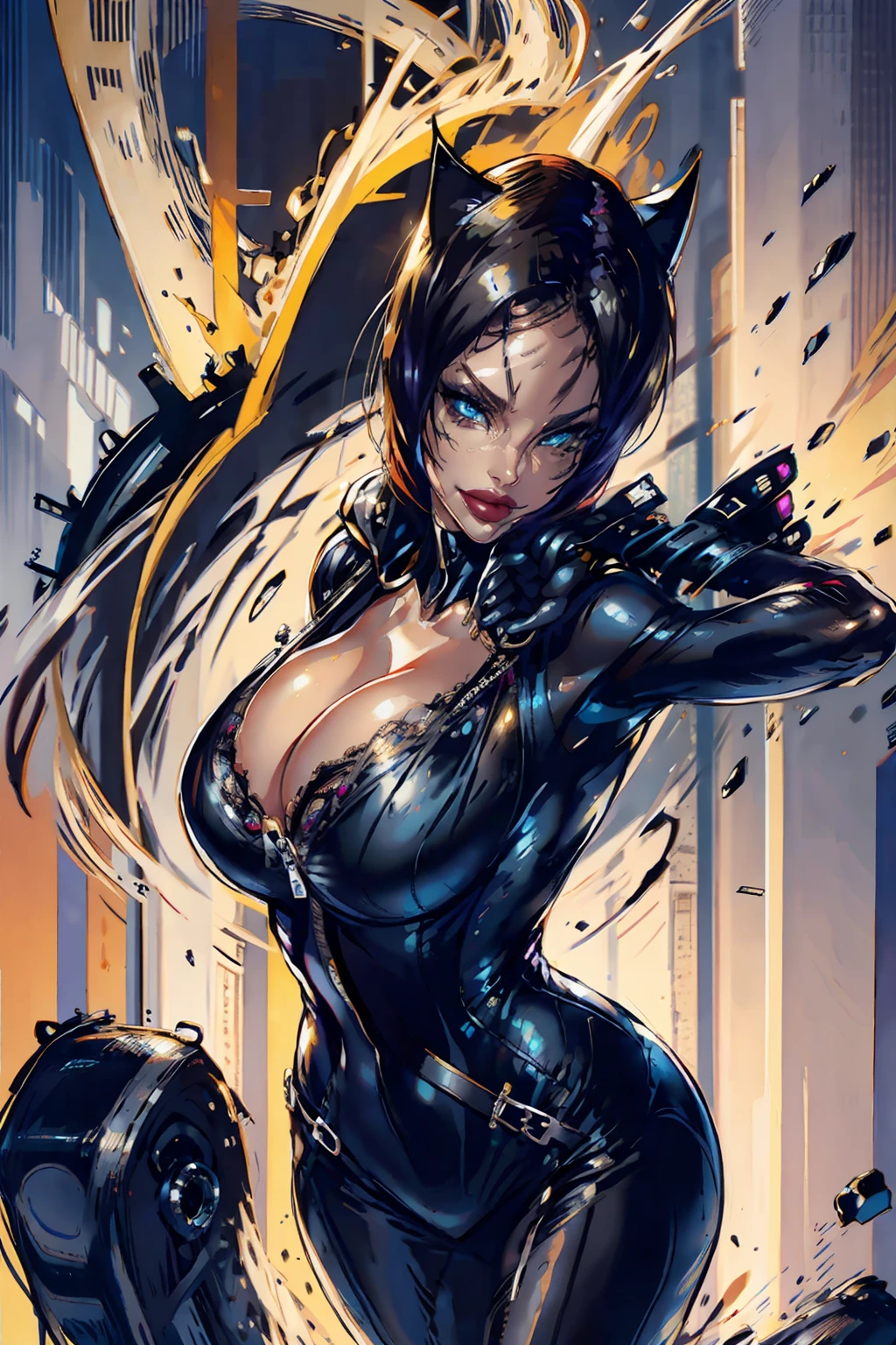 Sexy portrait of (Catwoman), wearing a black leather (Catwoman costume), zipper halfway undone, cleavage, huge fake , perfect body, big ass, curvy, skinny waist, best quality, masterpiece, (seductive), seductive smile, highly detailed face, big juicy lips, highly detailed face, piercing eyes, beautiful eyes