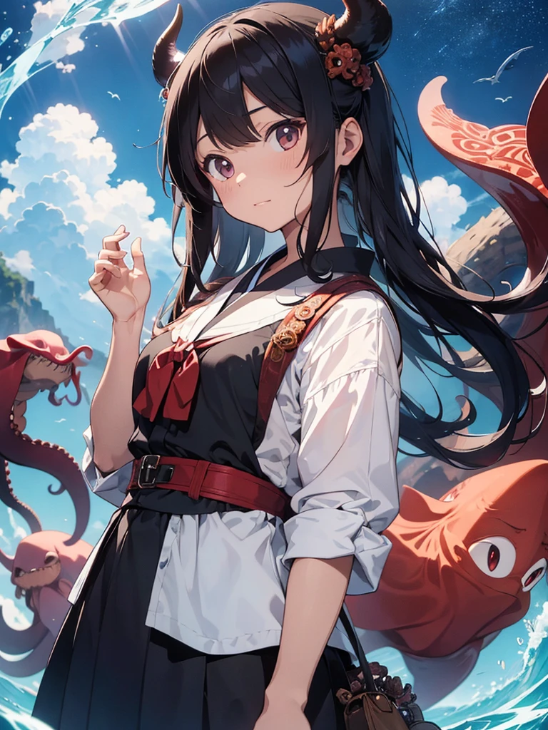 A boy and animals, the boy is wearing a demon mask, she is wearing a Japanese-style uniform, next to her is an octopus that is a divine messenger, it has character, anime-style illustration