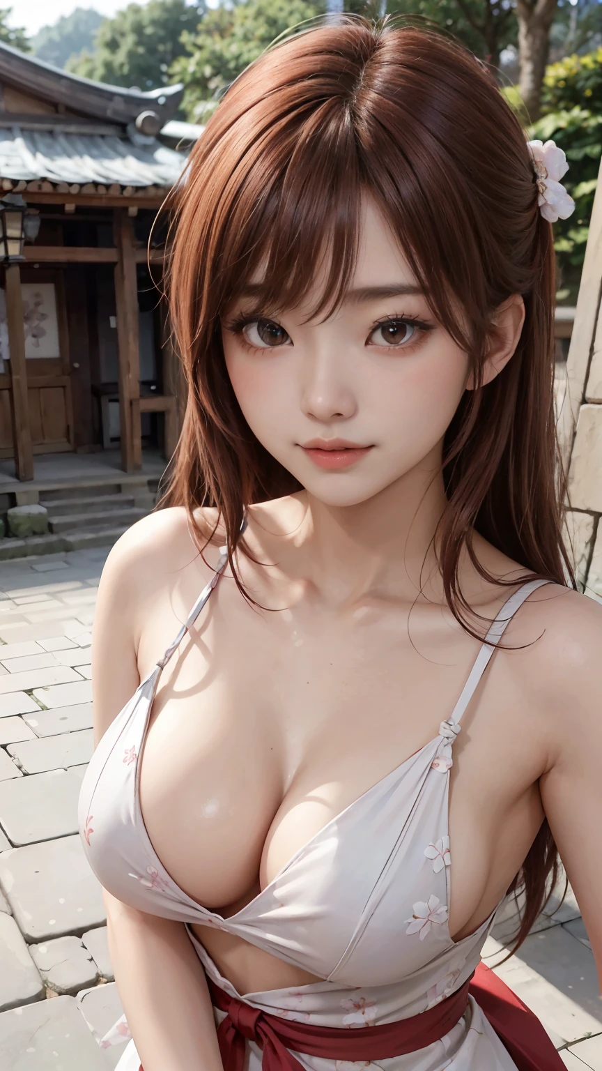 (masterpiece、Highest quality、Ultra-detailed、Light of the sun、Light)、(Japan Anime Cosplay、)、(Famous idols of Japan、)、(Japanese Goddess、Shrine maiden、白いShrine maiden衣装、Red too、)、(Disheveled Hair、Short reddish brown hair、ponytail、Cherry blossom hair accessory、hairpin、)、Glasses、Holding a bamboo broom、Look at the viewers、A beautiful face that captivates the viewer、(Background of the temple grounds、)、Standing on pebble ground、Floating Hair、Leaning forward、Big ample breasts、Beautiful Breast Slip、Shiny skin、Wind、Beautiful Hands、Beautiful fingers、精巧なmasterpiece、Intricate details、Detailed face、Fine hair、Detailed red mouth、Red cheek detail、A shy smile、