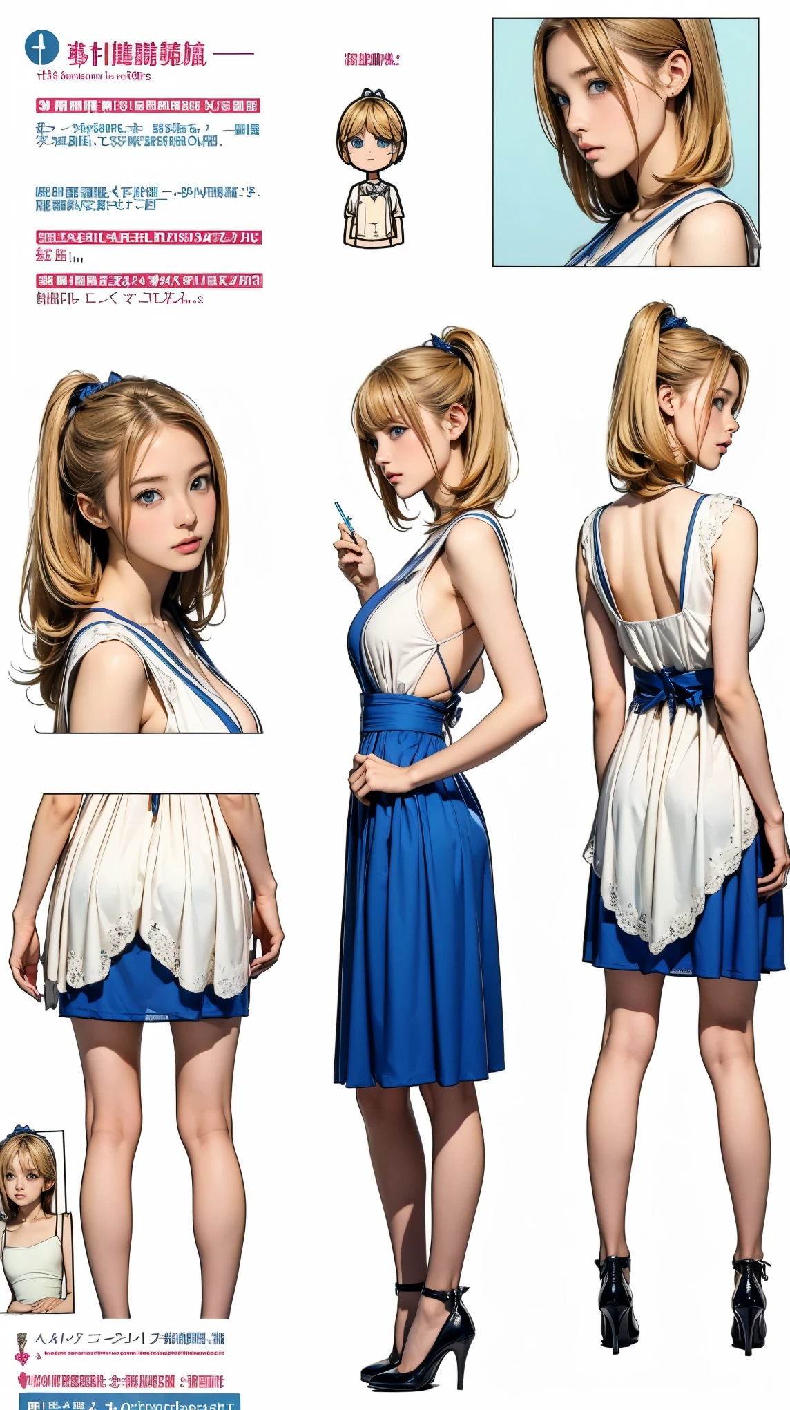 ((masterpiece)),(((Highest quality))),((Reference Sheet, Character Design, Alice in Wonderland)),Gorgeous maid outfit:1.5,front, return, ~ ~ side, Mr..々Hairstyle, Mr..々Performance, Facial Expressions)), 14 years oldの少女, Cute type, (Very slim:1.4), (Very small ass:1.4), Realistic buttocks, (Large Breasts:1.5), Short Bob, Thin thighs, Long legs, It's not a big deal, ((Virginia Otis, 14 years old (blonde, blue eyes), thin, Cute face,