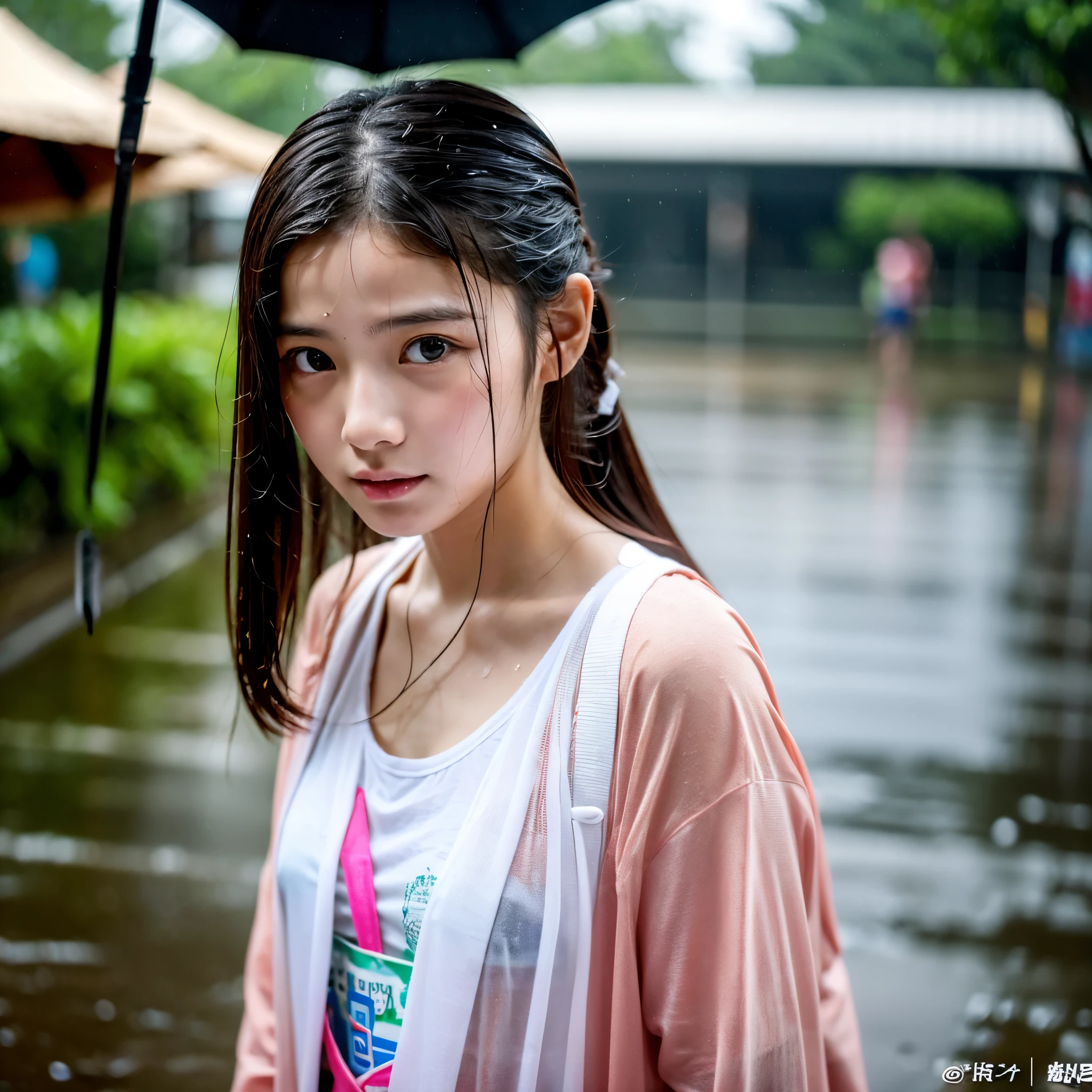 songkran,Wet roads , soaked through,drenched, Dripping, Wet Face,Wet clothes, Wet Skin, Wet Hair,A young woman with a cute face like an idol,chest,(chestの谷間),(chest元が見えるデザインの服),cling,RAW Photos,Genuine,Genuine,High resolution,RAW Photos,masterpiece, Genuineistic, beautiful