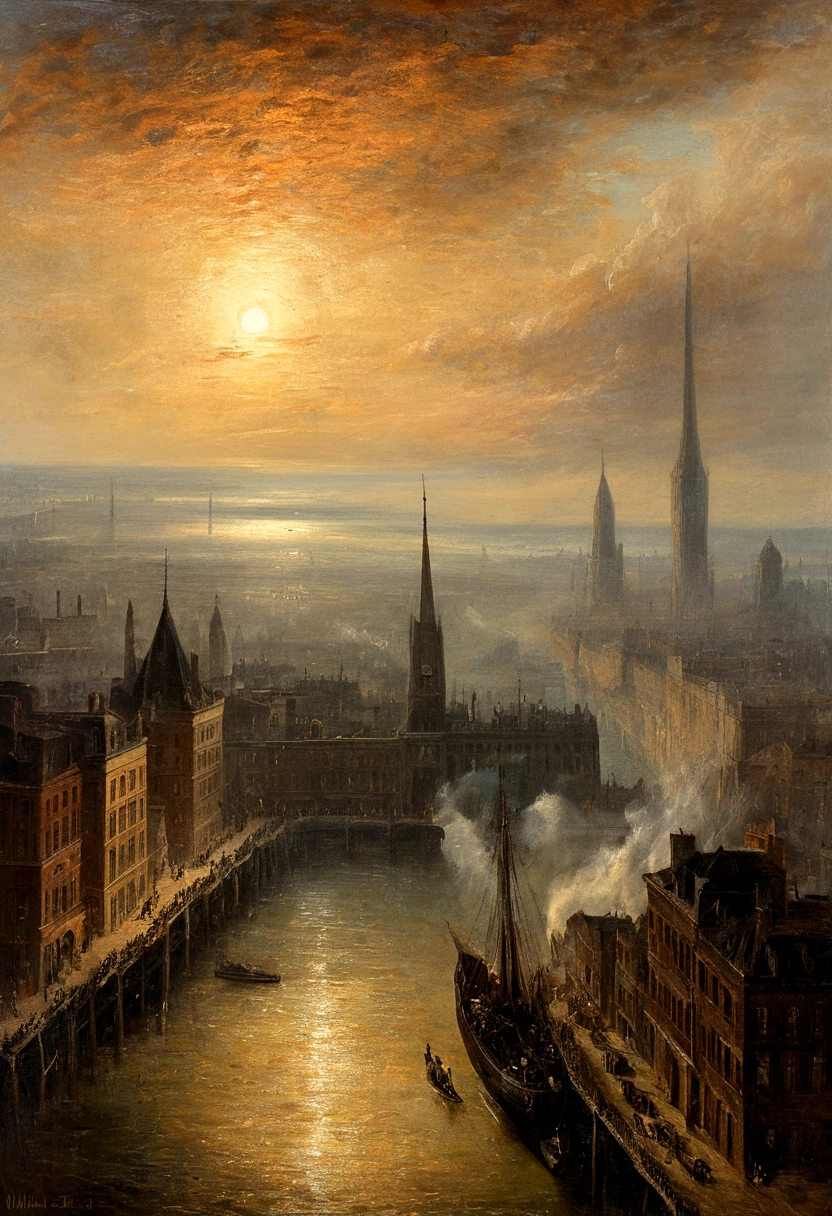 Turner-style 1900s cityscape, oil painting, William Turner style